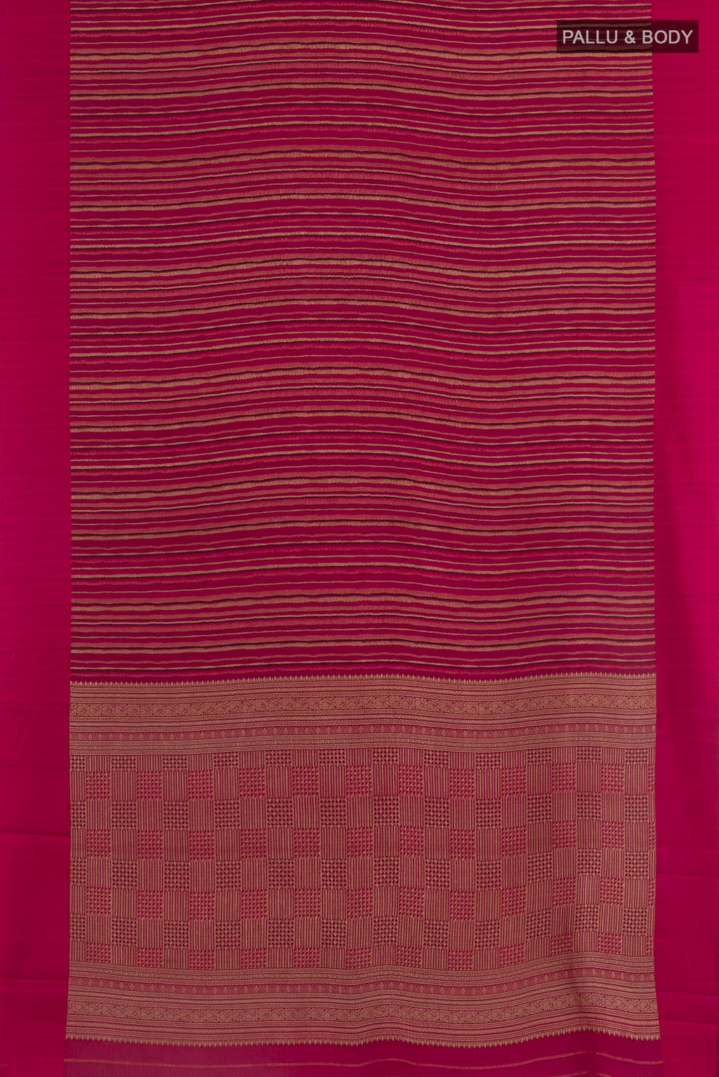 Flat view of Dark Pink Mysore Crepe Saree with Stripes on the body and Plain Border. 