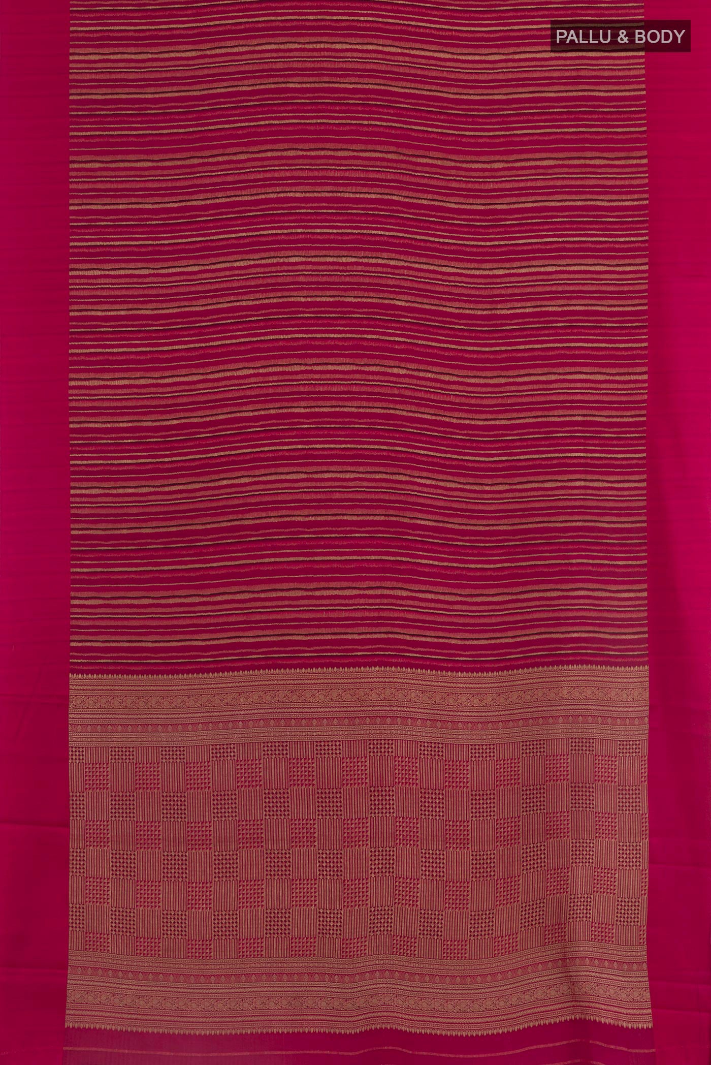 Flat view of Dark Pink Mysore Crepe Saree with Stripes on the body and Plain Border. 