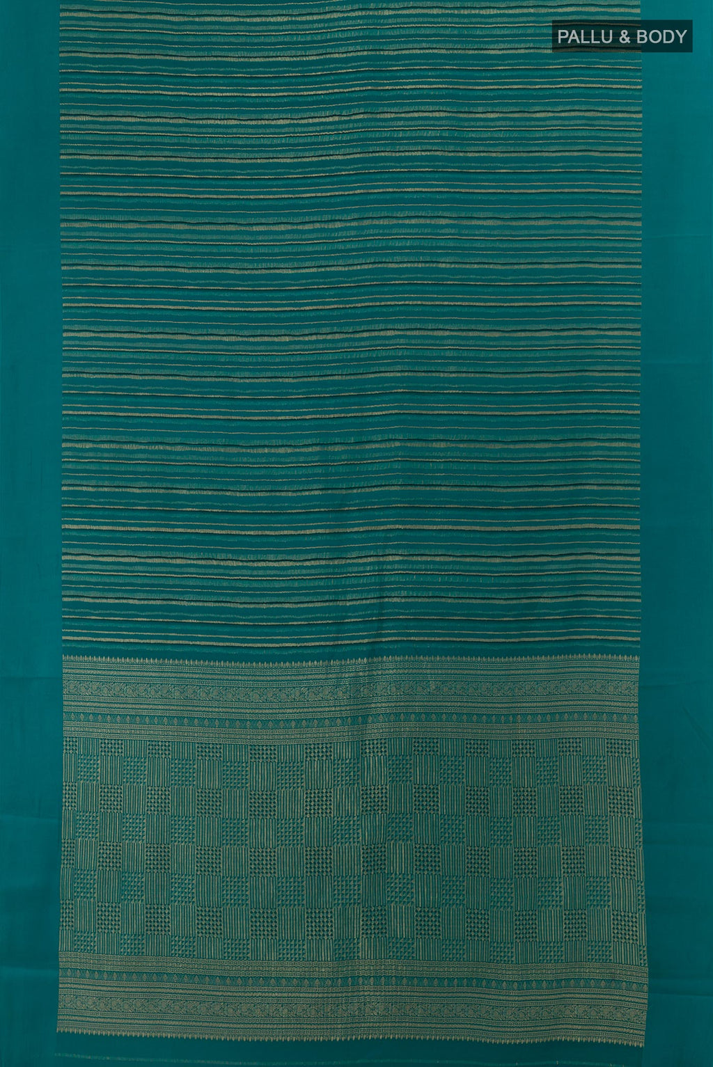 Flat view of Teal Mysore Crepe Saree with Stripes on the body and Plain Border. 