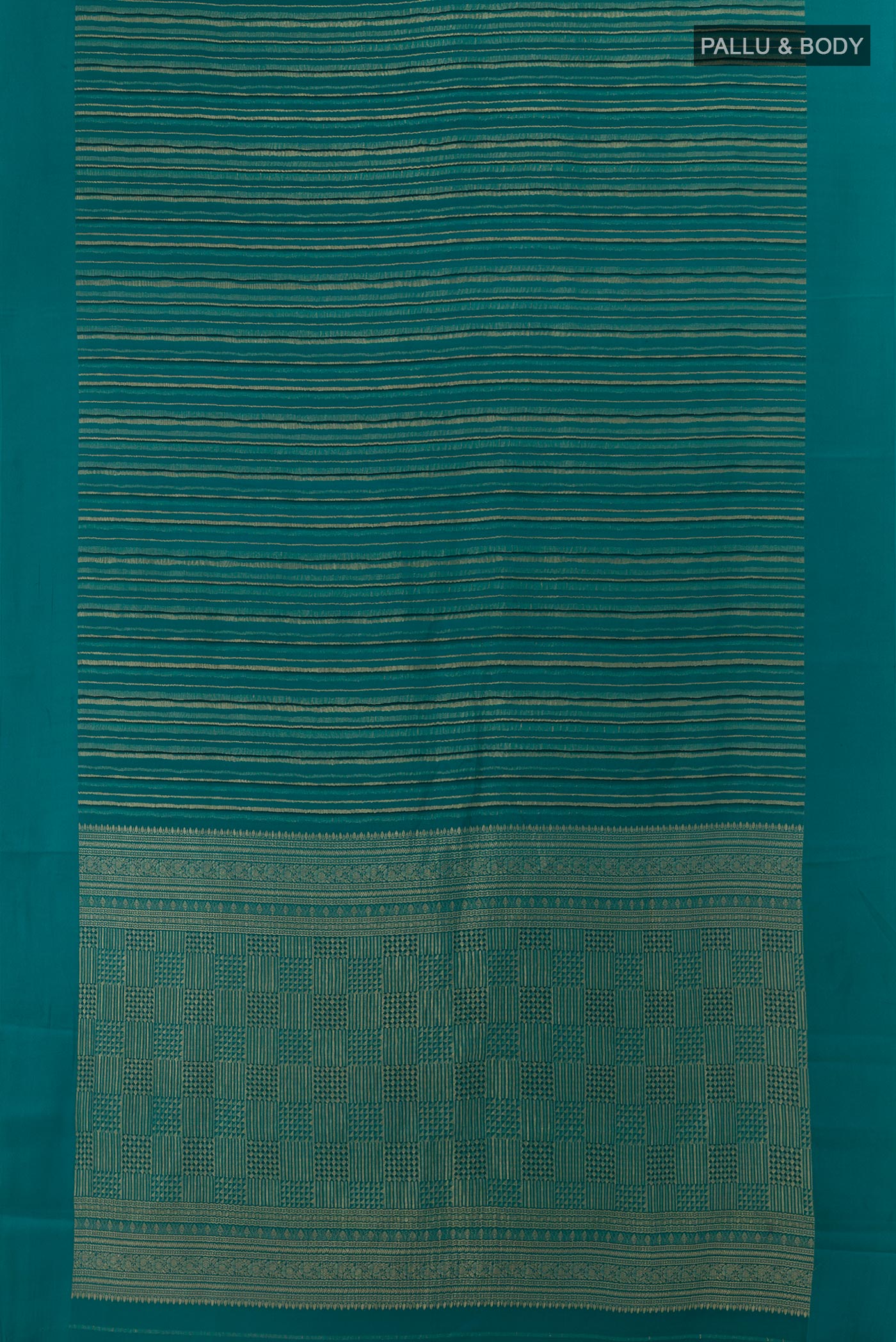 Flat view of Teal Mysore Crepe Saree with Stripes on the body and Plain Border. 