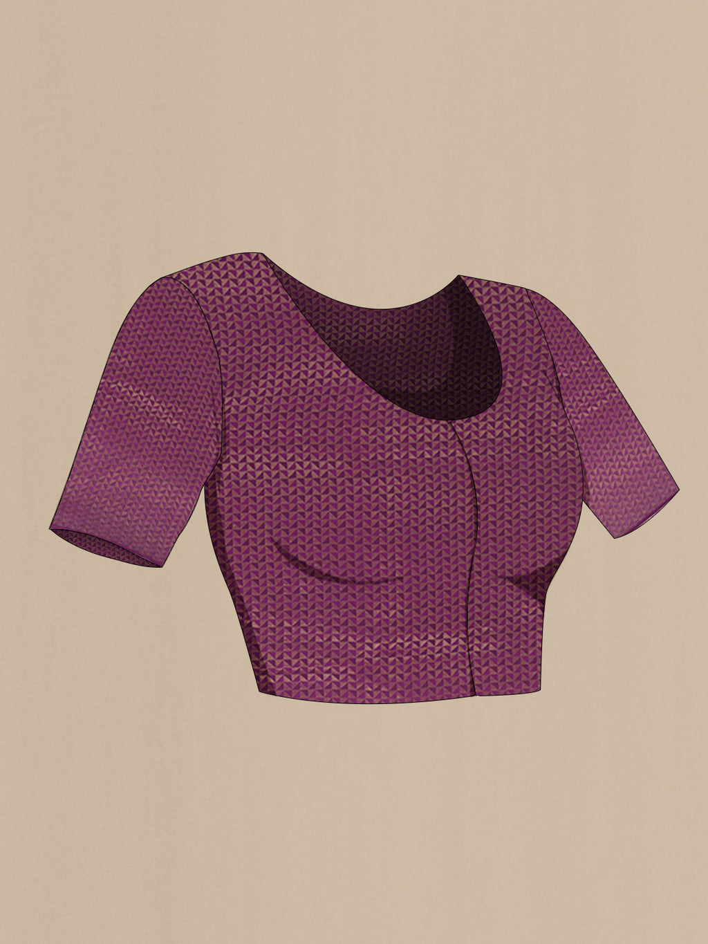Close up image of the blouse of Purple Mysore Crepe Saree with Stripes on the body and Zari Border. 
