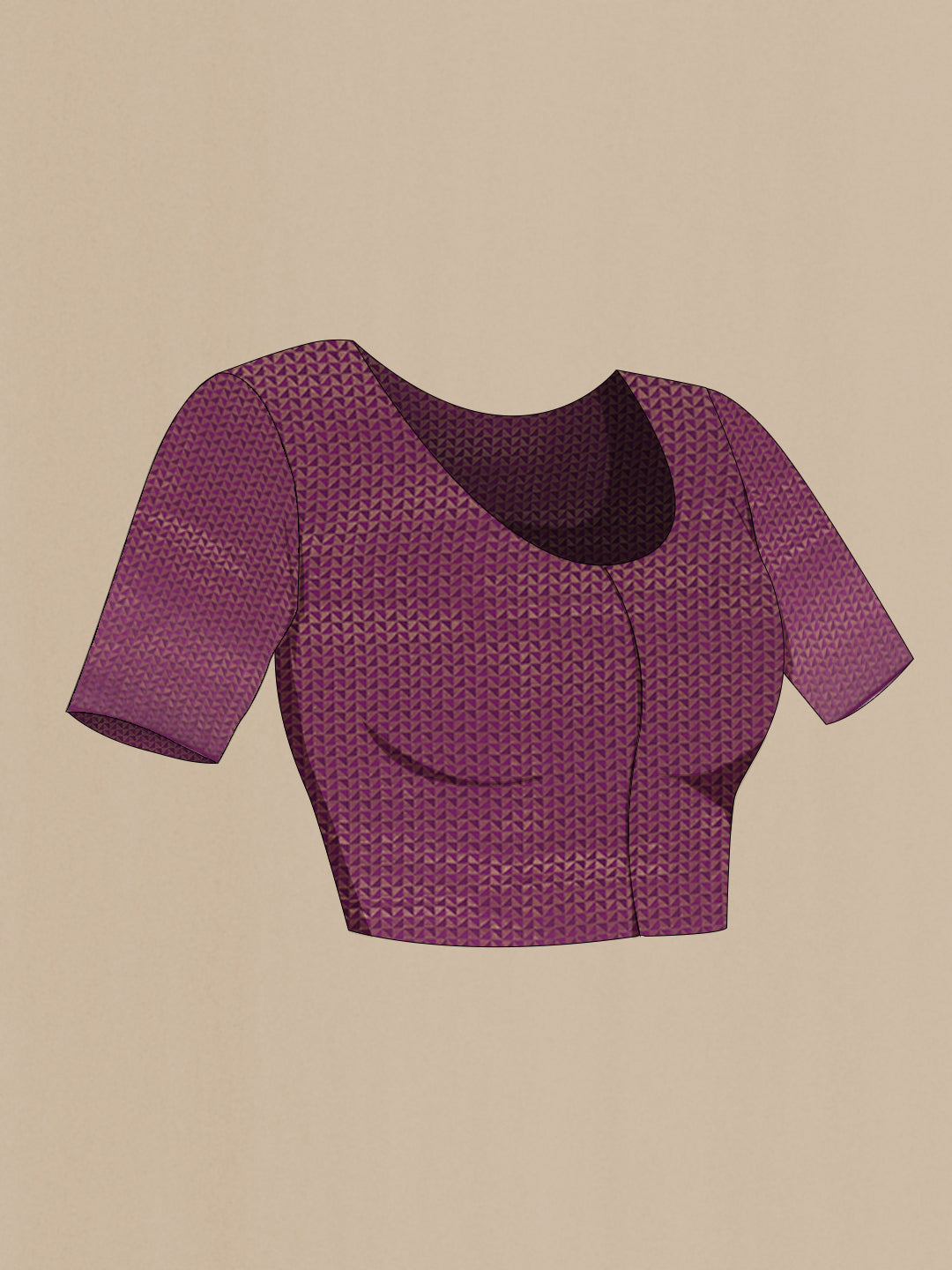 Close up image of the blouse of Purple Mysore Crepe Saree with Stripes on the body and Zari Border. 