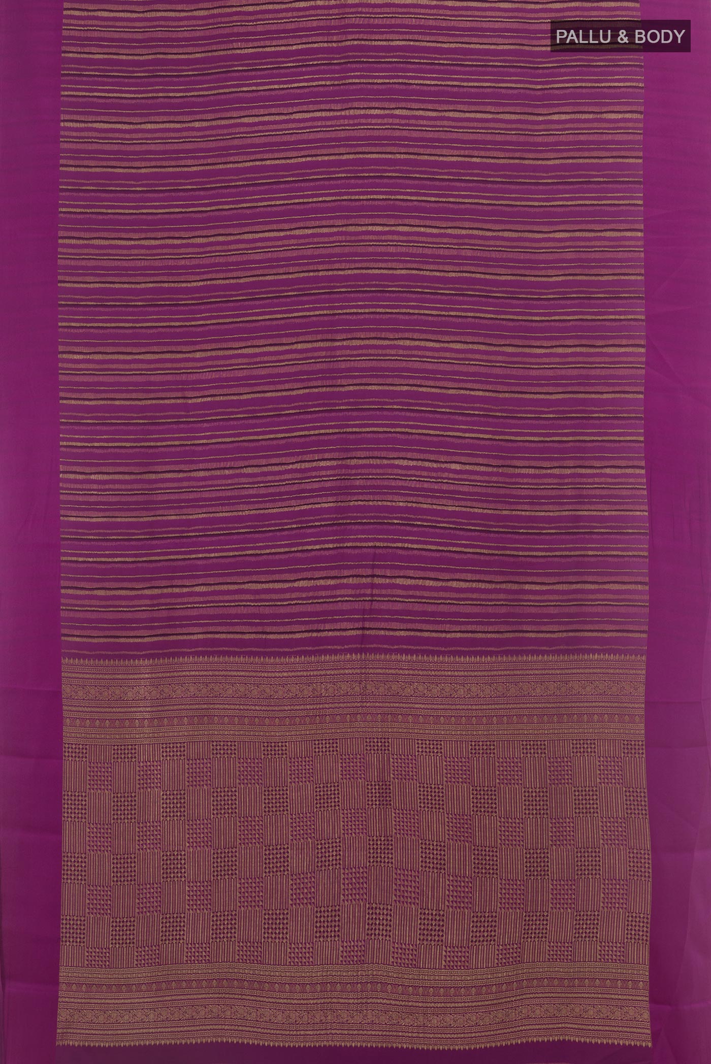 Flat view of Purple Mysore Crepe Saree with Stripes on the body and Zari Border. 
