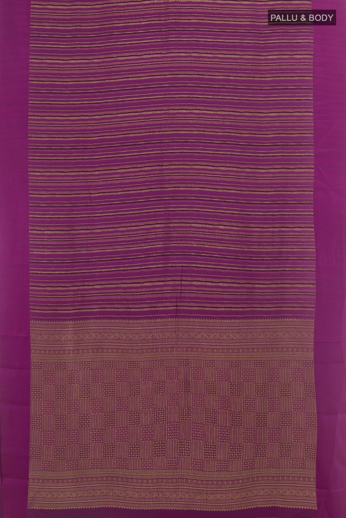 Flat view of Purple Mysore Crepe Saree with Stripes on the body and Zari Border. 