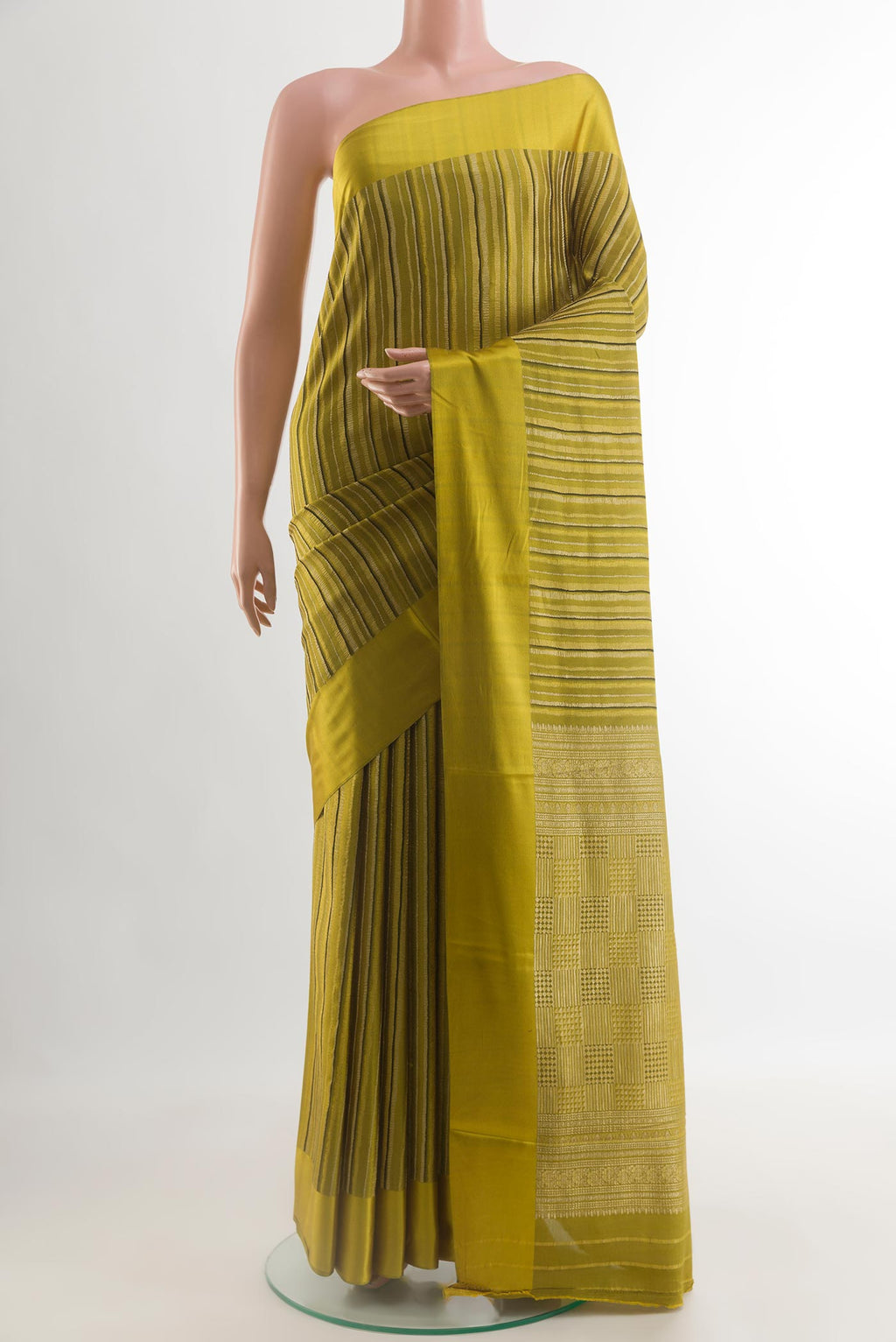 Mehandi Green Mysore Crepe Saree with Stripes on the body and Plain Border.  displayed on a mannequin