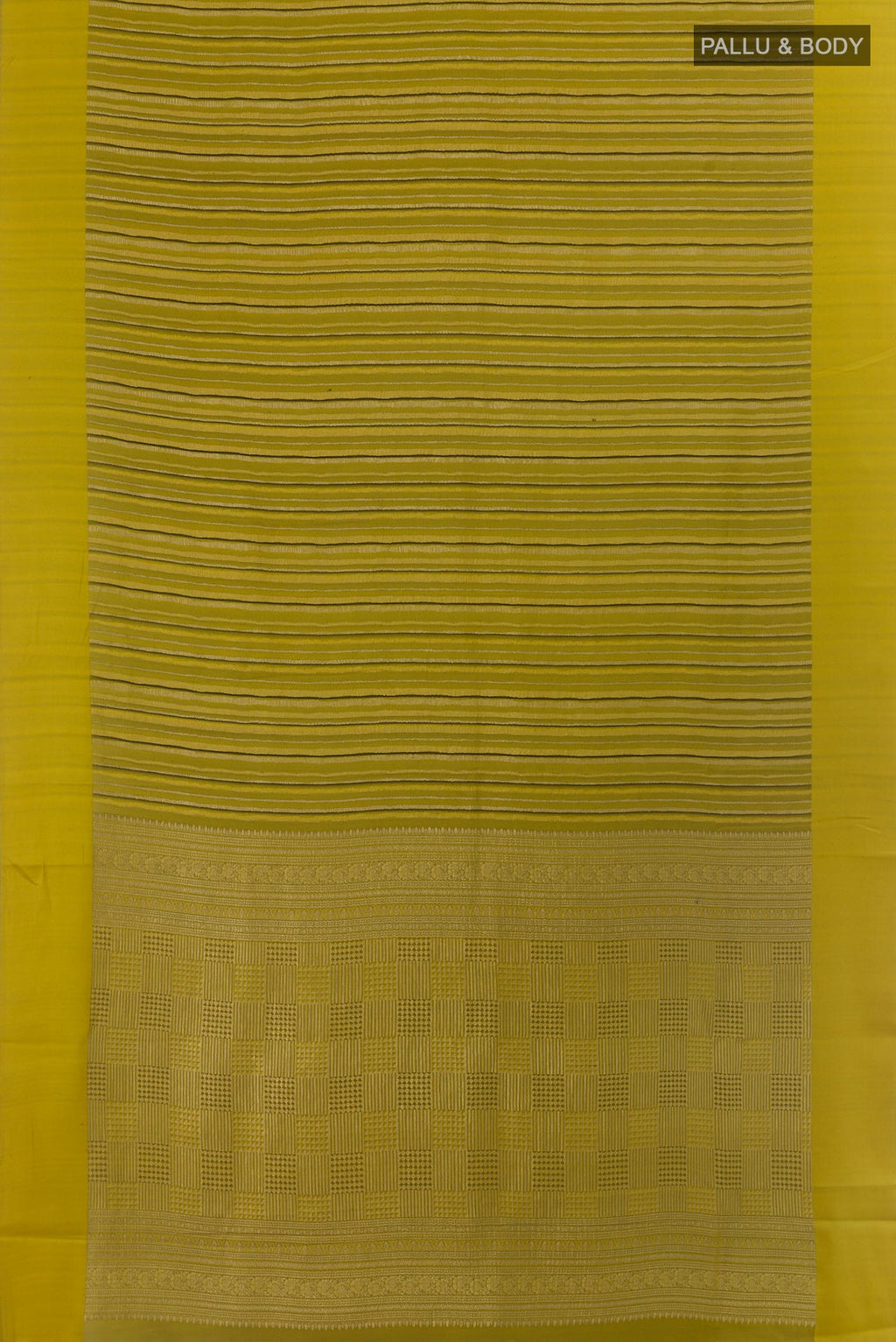 Flat view of Mehandi Green Mysore Crepe Saree with Stripes on the body and Plain Border. 