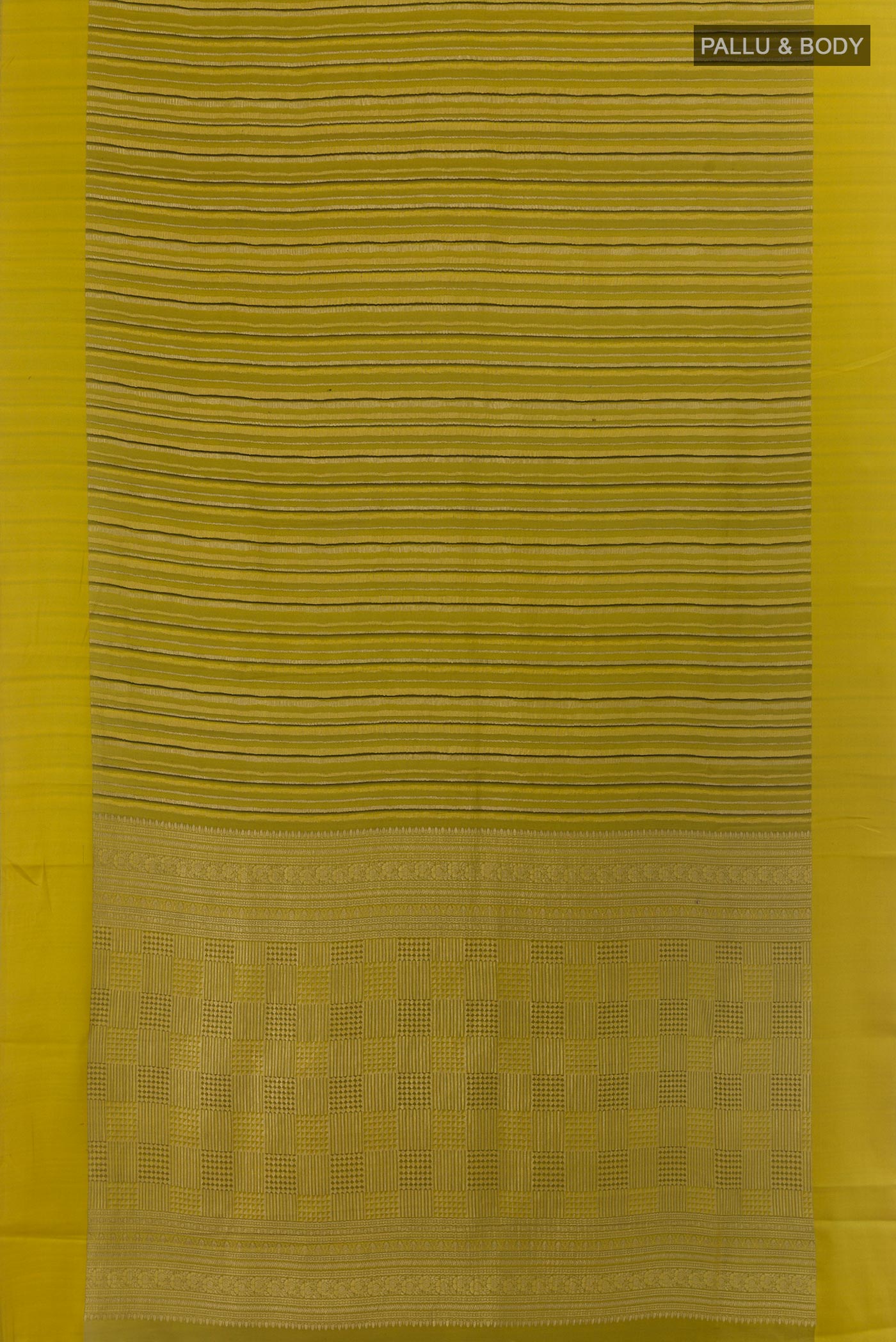 Flat view of Mehandi Green Mysore Crepe Saree with Stripes on the body and Plain Border. 