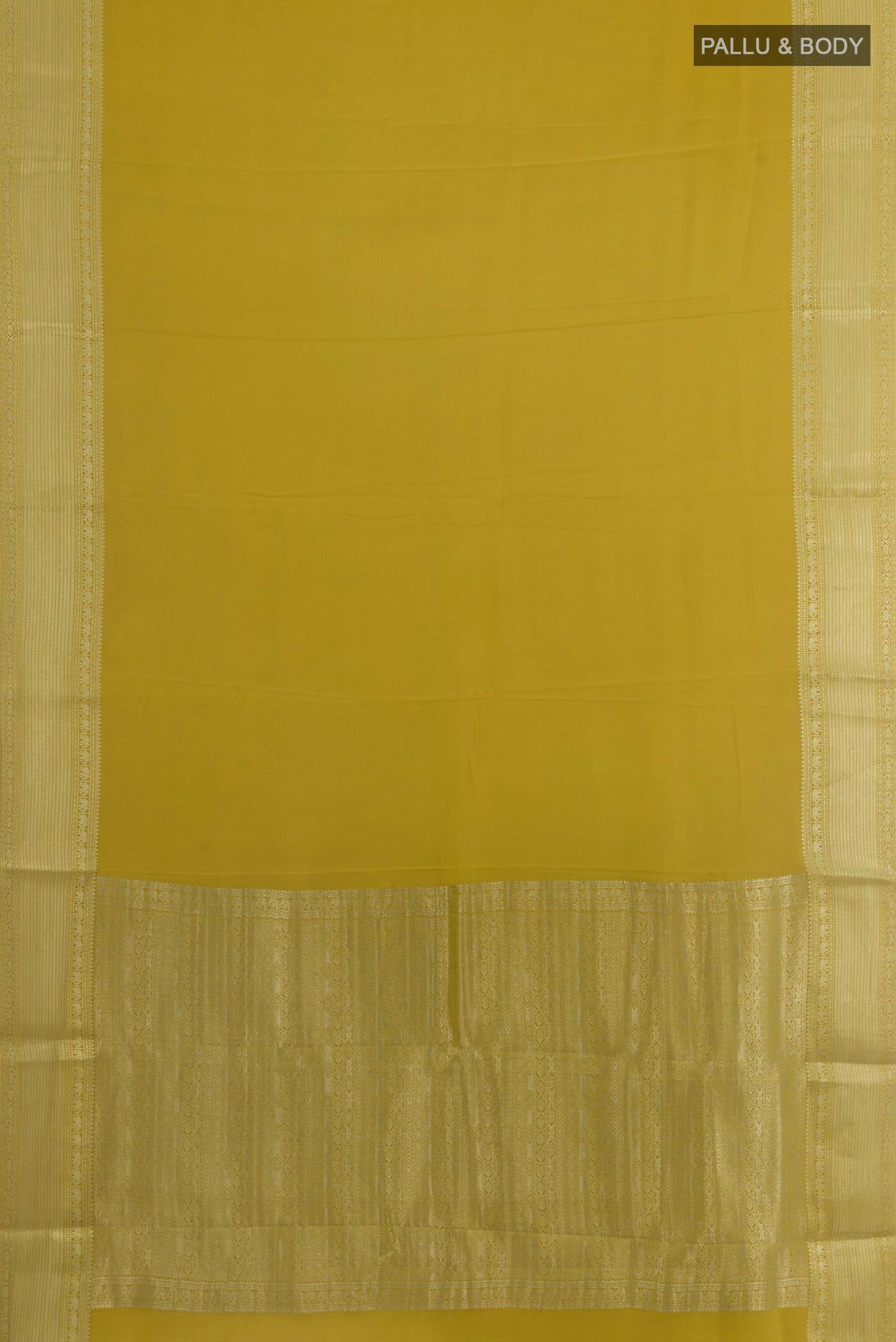 Flat view of Mehandi Green Mysore Crepe Saree with Plain Body and Zari Border. 