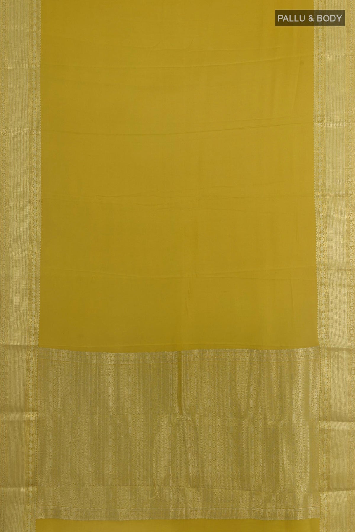 Flat view of Mehandi Green Mysore Crepe Saree with Plain Body and Zari Border. 