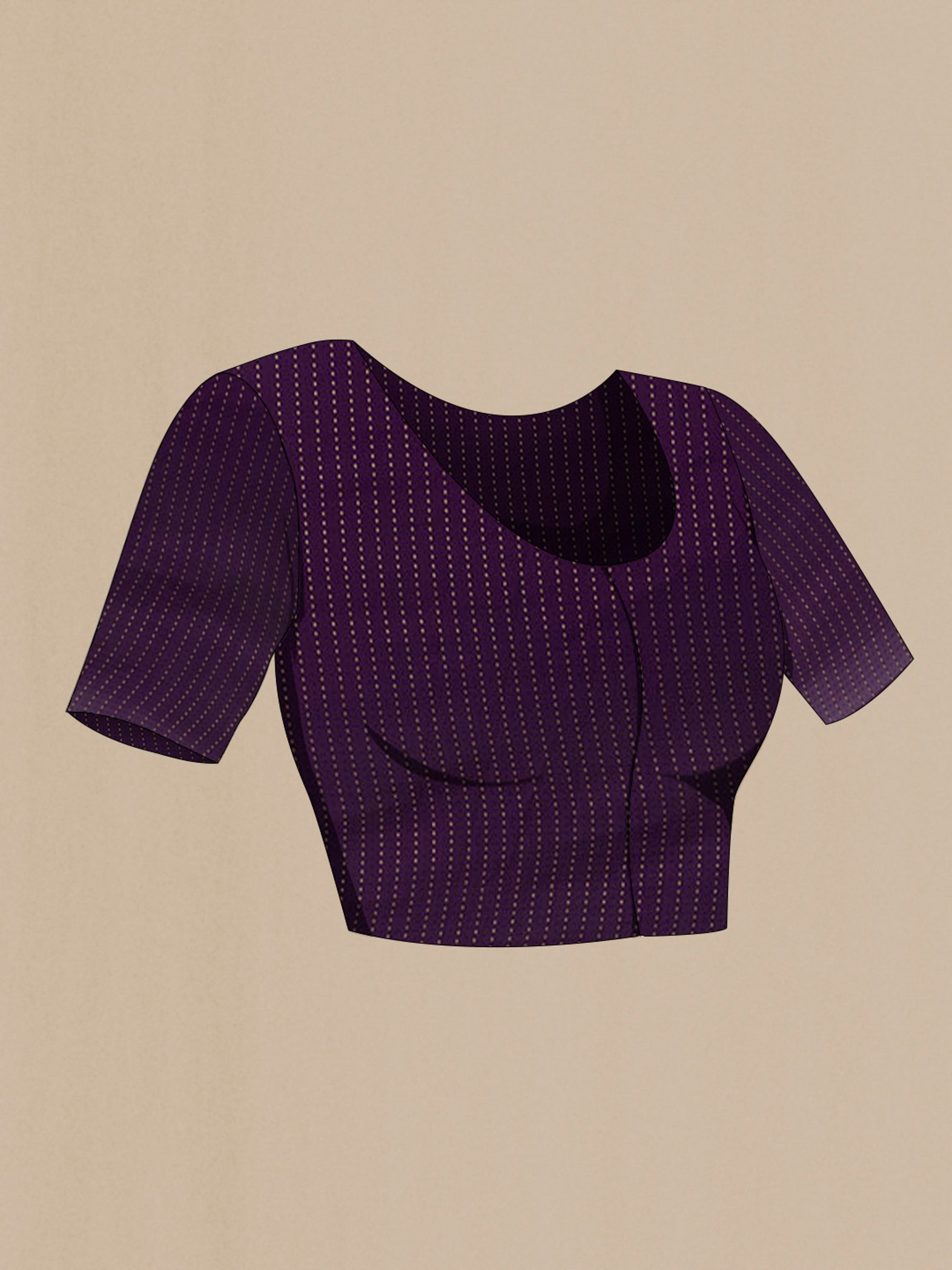 Close up image of the blouse of Purple Mysore Crepe Saree with Plain Body and Zari Border. 