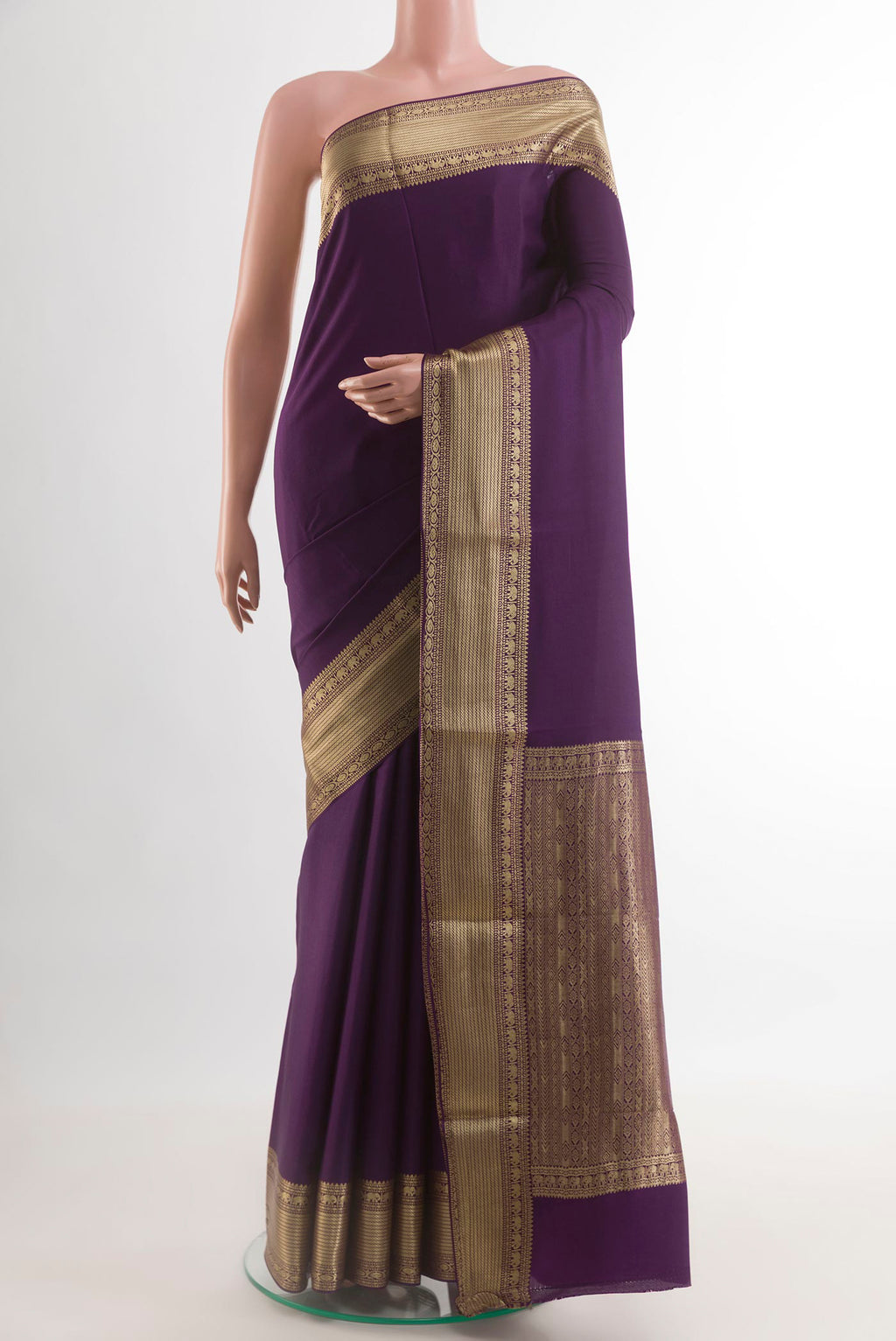Purple Mysore Crepe Saree with Plain Body and Zari Border.  displayed on a mannequin