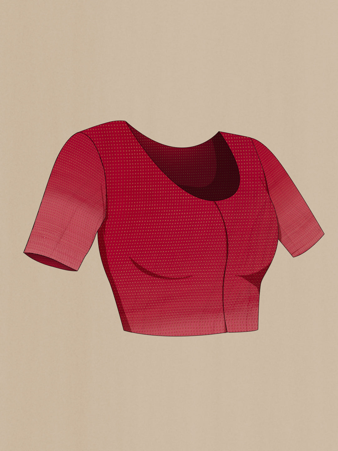Close up image of the blouse of Red Mysore Crepe Saree with Plain Body and Zari Border. 