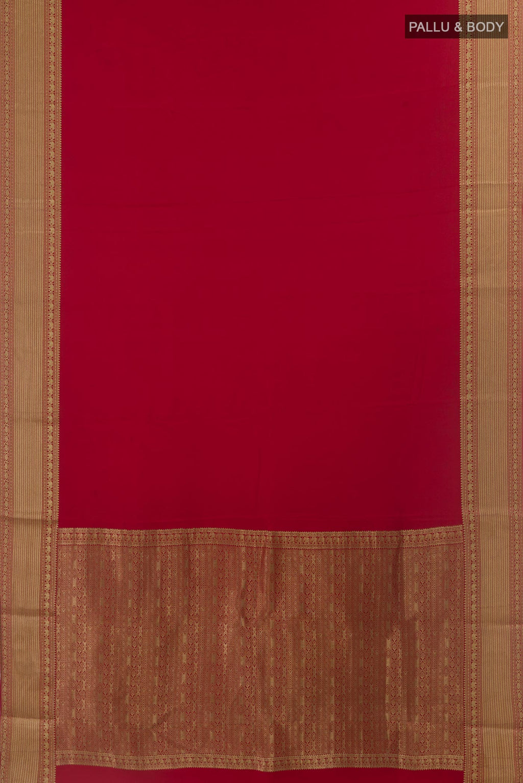 Flat view of Red Mysore Crepe Saree with Plain Body and Zari Border. 
