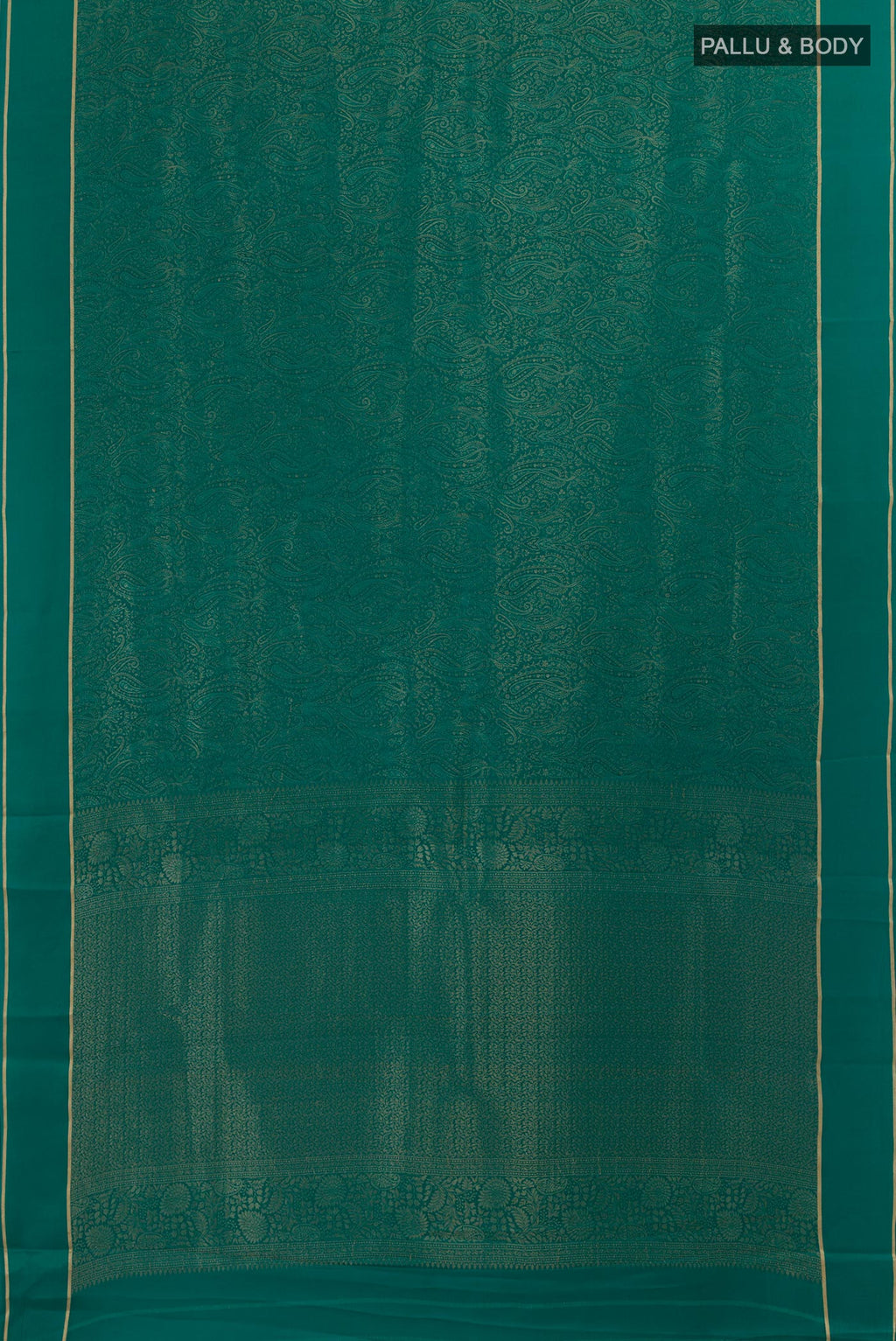 Flat view of Teal Mysore Crepe Saree with Zari Brocade on the body and Zari Border. 