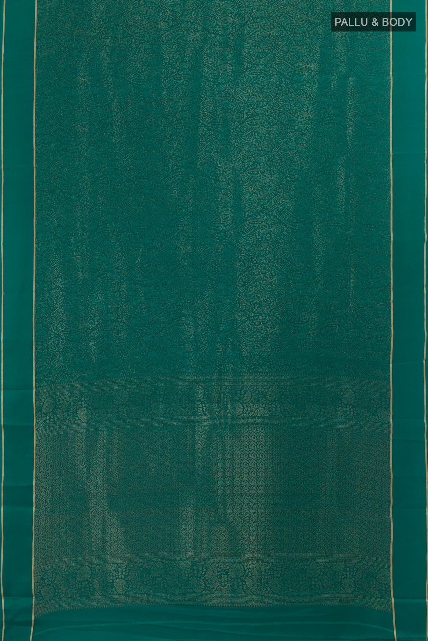 Flat view of Teal Mysore Crepe Saree with Zari Brocade on the body and Zari Border. 