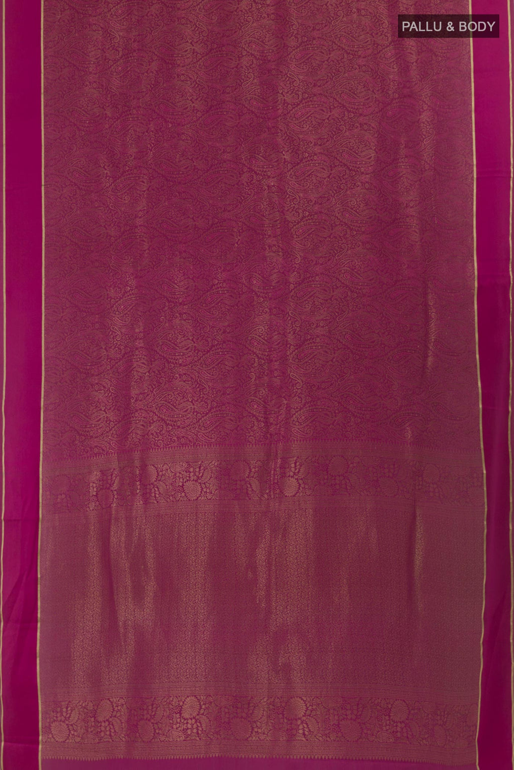 Flat view of Magenta Mysore Crepe Saree with Zari Brocade on the body and Zari Border. 