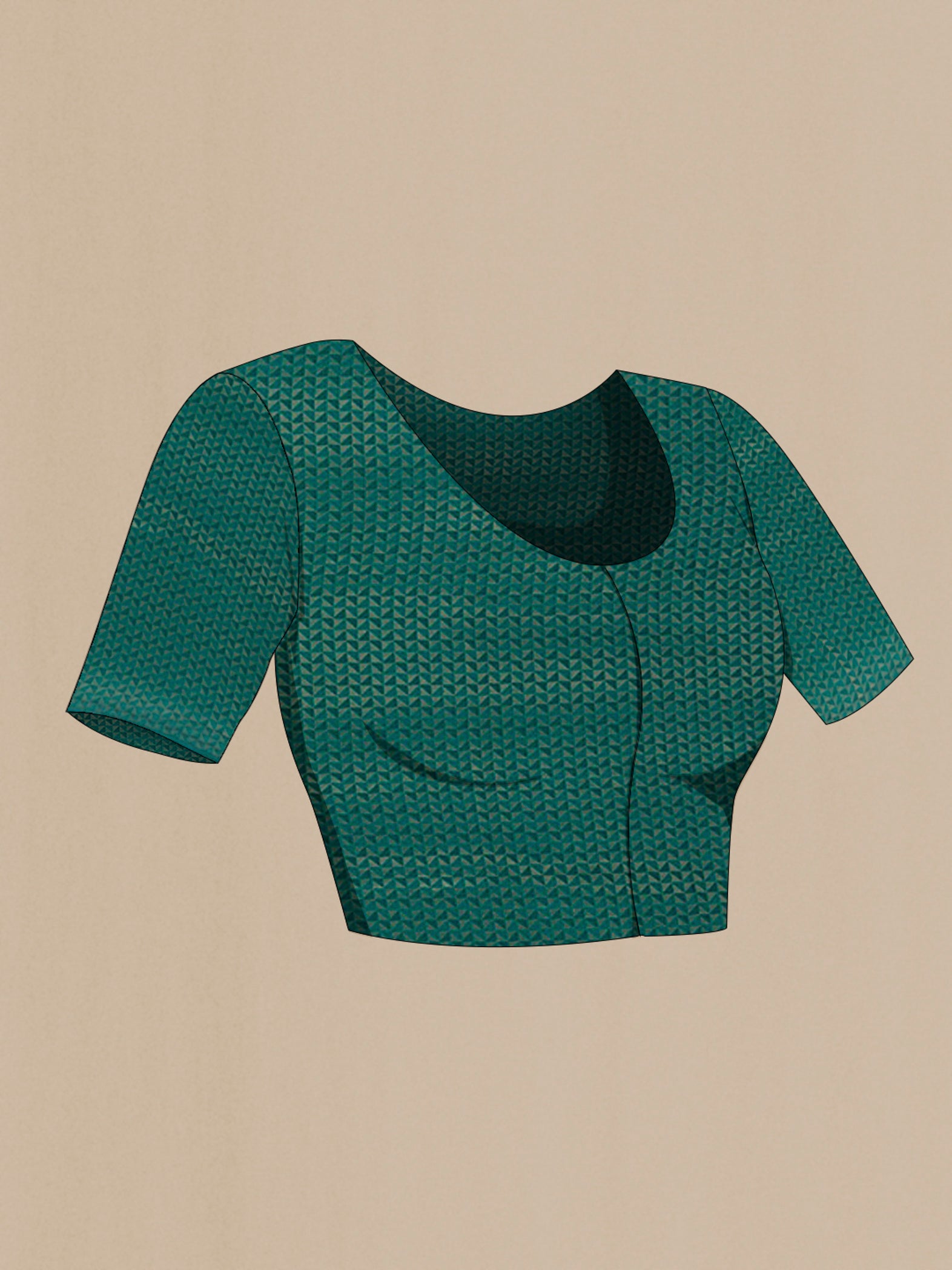 Close up image of the blouse of Teal Mysore Crepe Saree with Zari Brocade on the body and Zari Border. 