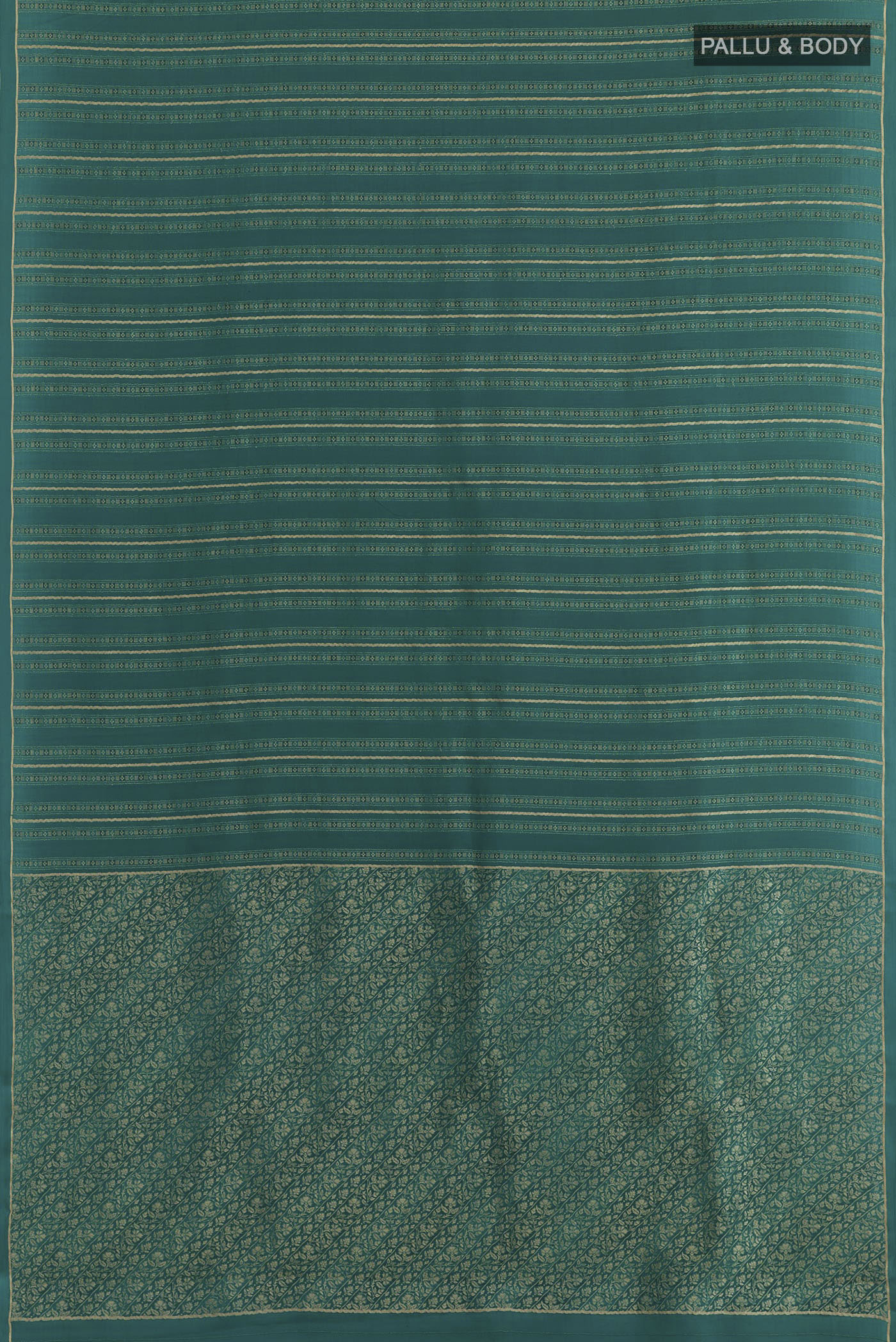 Flat view of Teal Mysore Crepe Saree with Zari Brocade on the body and Zari Border. 
