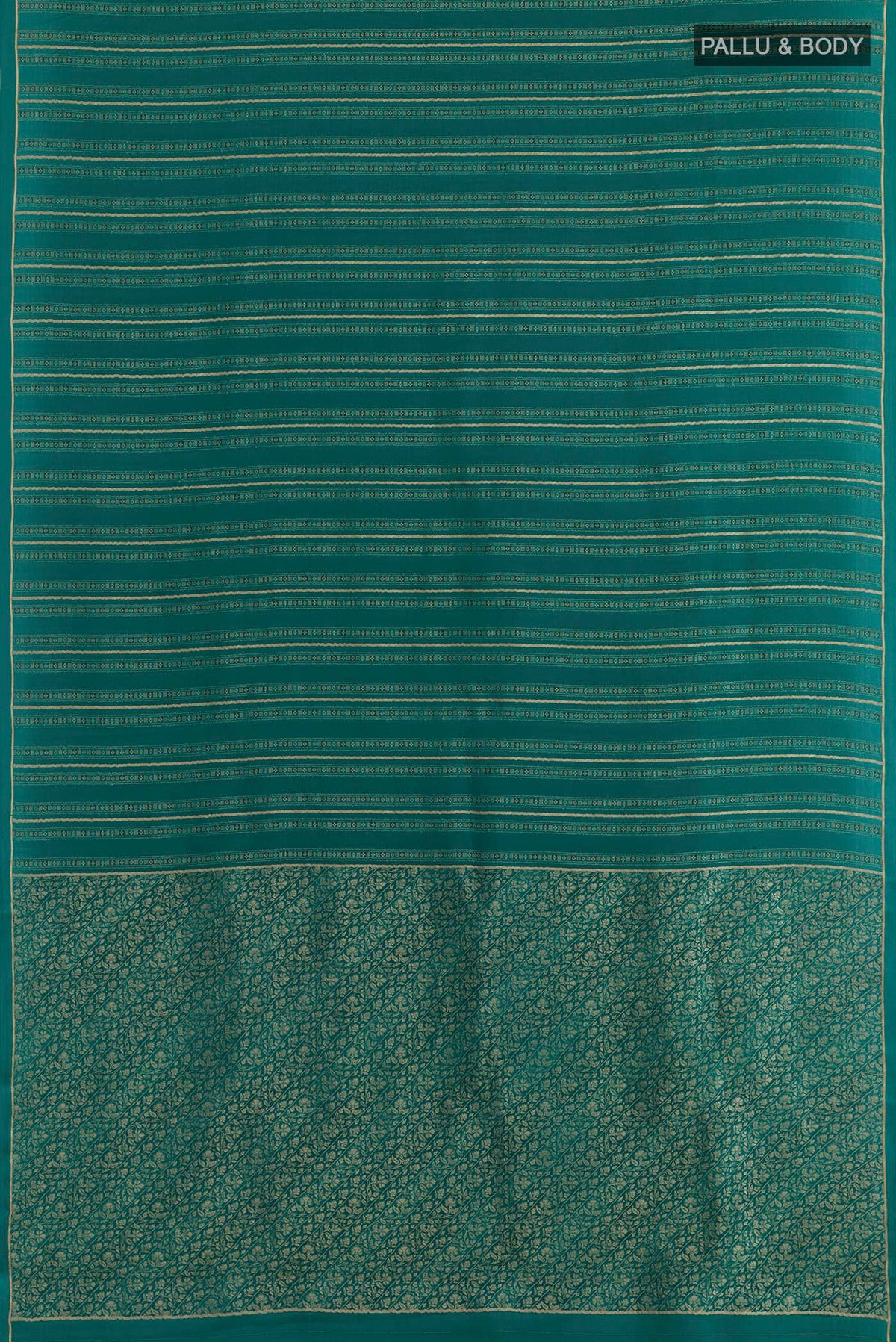 Flat view of Teal Mysore Crepe Saree with Zari Brocade on the body and Zari Border. 