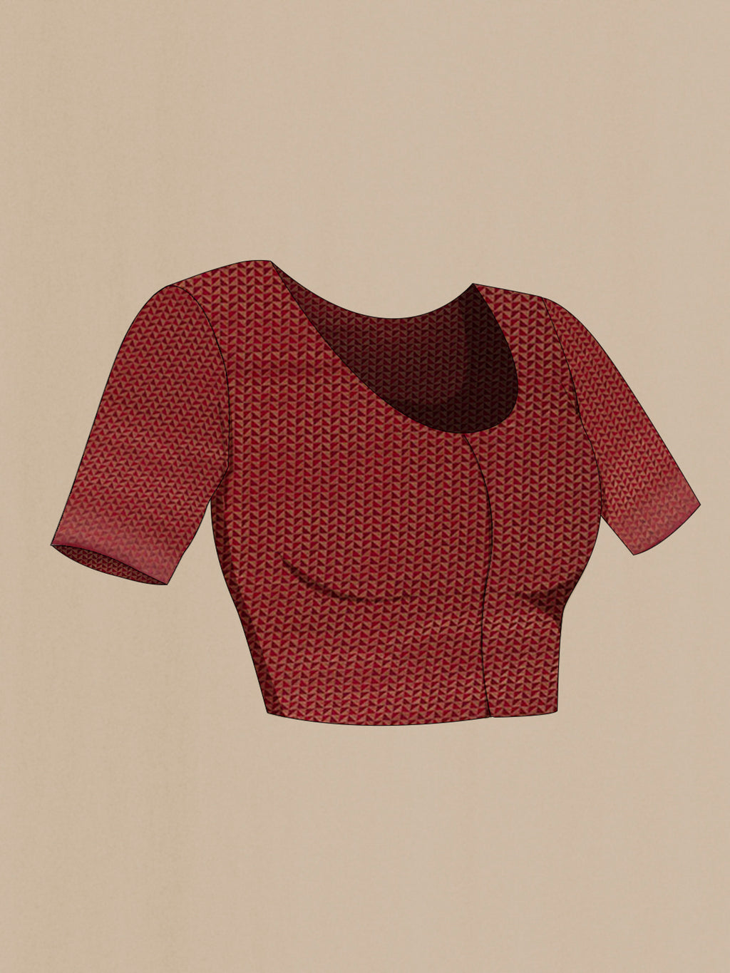 Close up image of the blouse of Maroon Mysore Crepe Saree with Stripes on the body and Zari Border. 