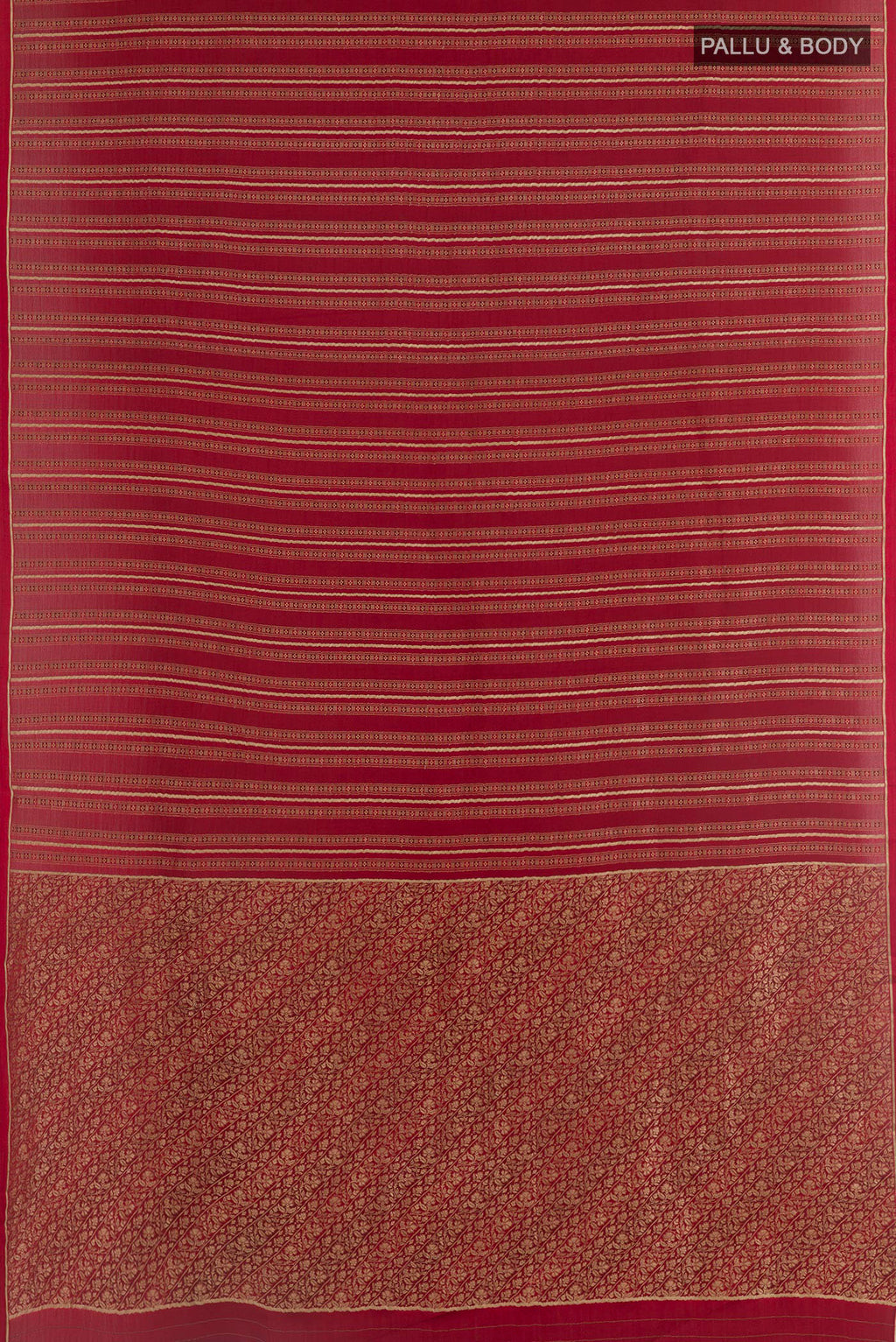 Flat view of Maroon Mysore Crepe Saree with Stripes on the body and Zari Border. 