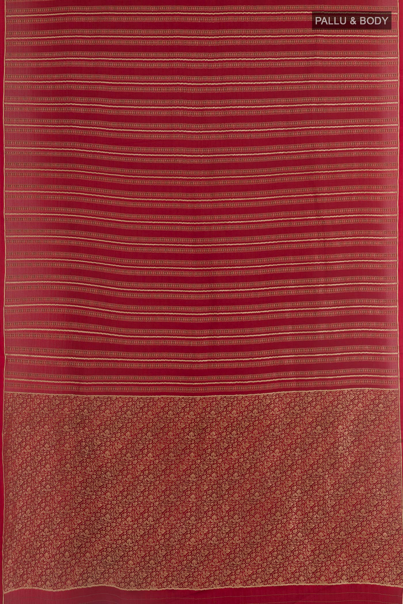 Flat view of Maroon Mysore Crepe Saree with Stripes on the body and Zari Border. 