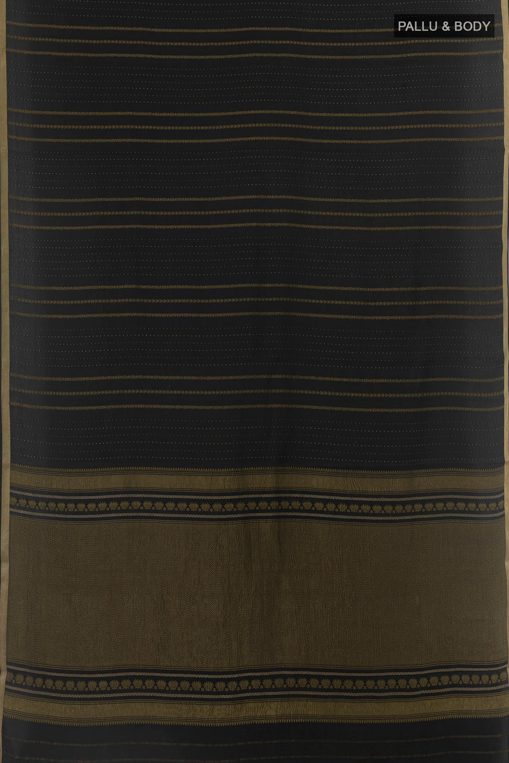 Flat view of Black Mysore Crepe Saree with Stripes on the body and Zari Border. 