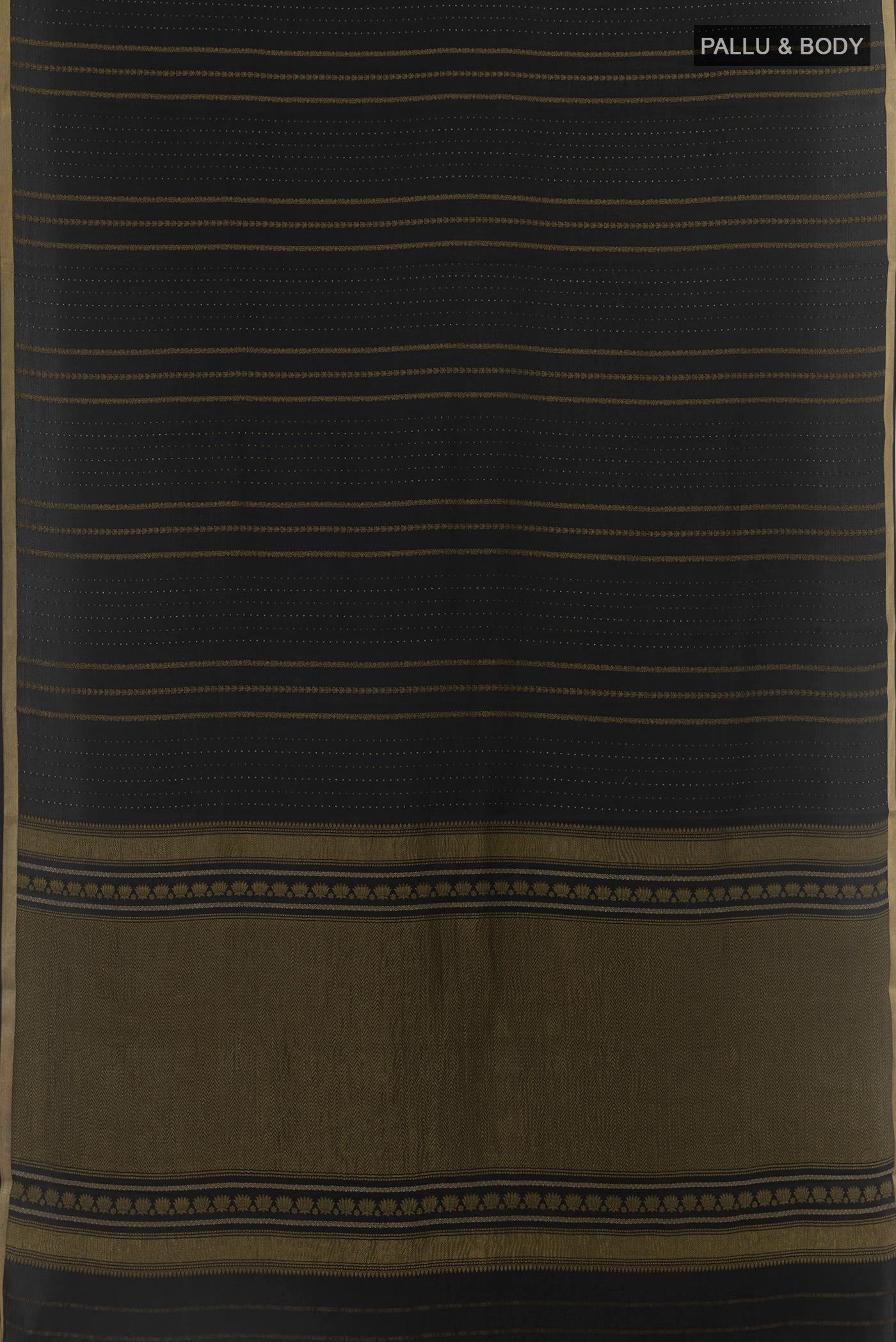 Flat view of Black Mysore Crepe Saree with Stripes on the body and Zari Border. 