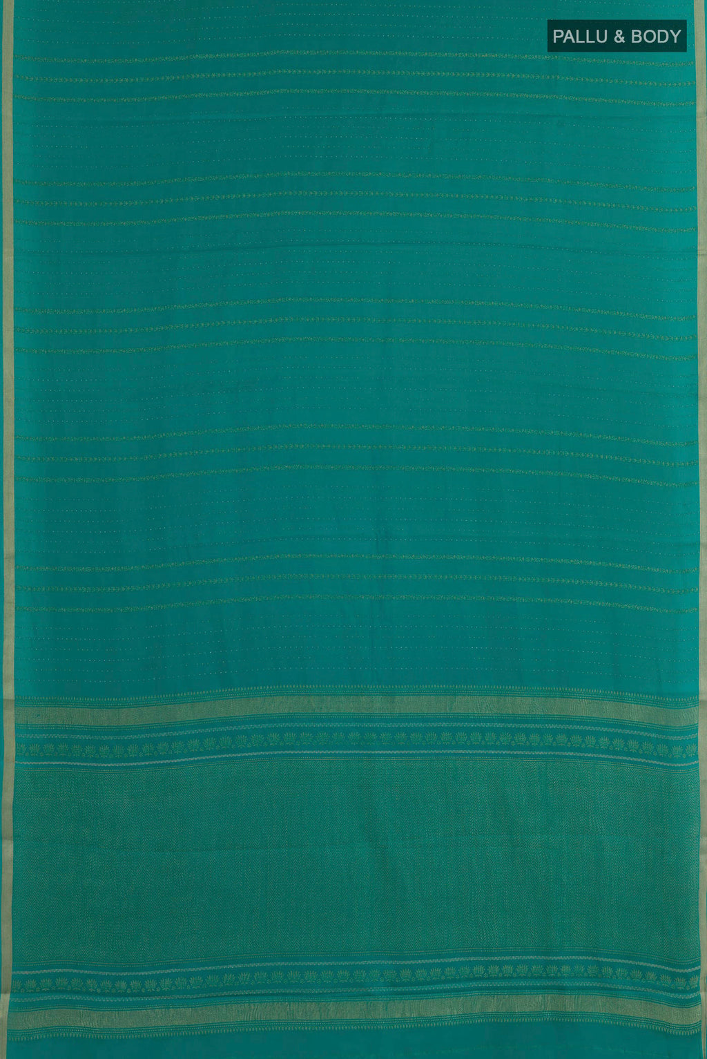 Flat view of Sea Green Mysore Crepe Saree with Stripes on the body and Zari Border. 
