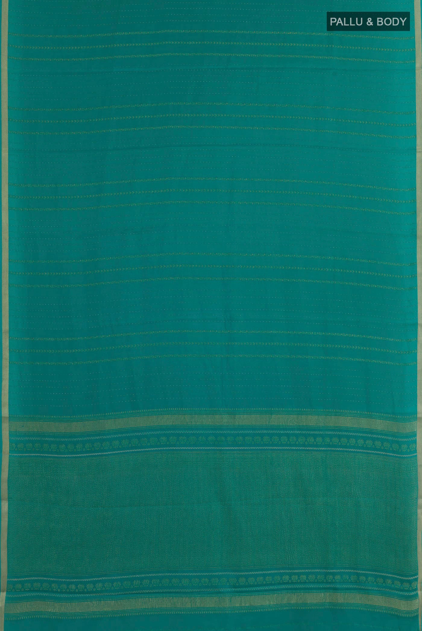 Flat view of Sea Green Mysore Crepe Saree with Stripes on the body and Zari Border. 
