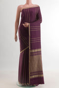 Purple Mysore Crepe Saree with Stripes on the body and Zari Border.  displayed on a mannequin