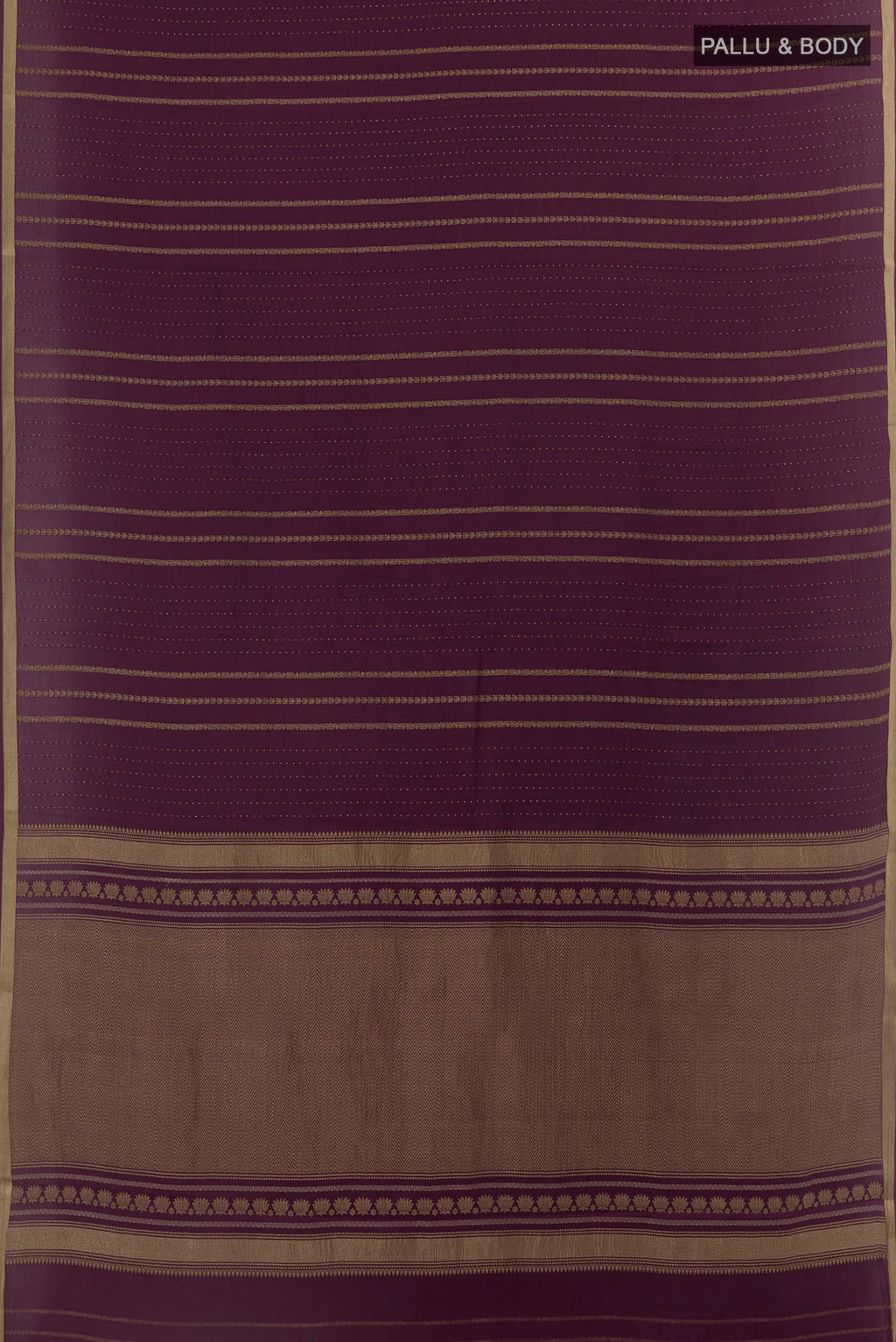Flat view of Purple Mysore Crepe Saree with Stripes on the body and Zari Border. 