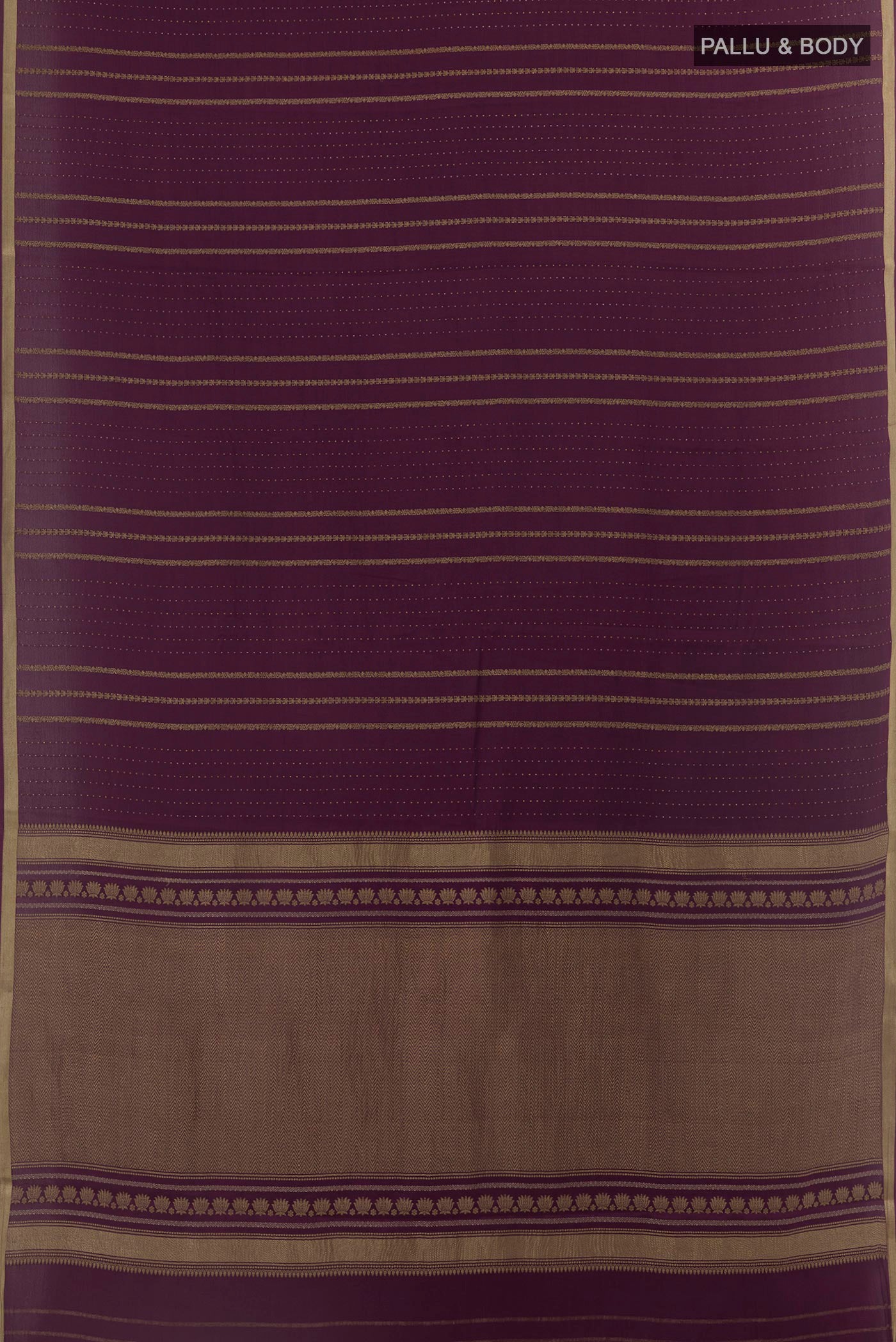 Flat view of Purple Mysore Crepe Saree with Stripes on the body and Zari Border. 