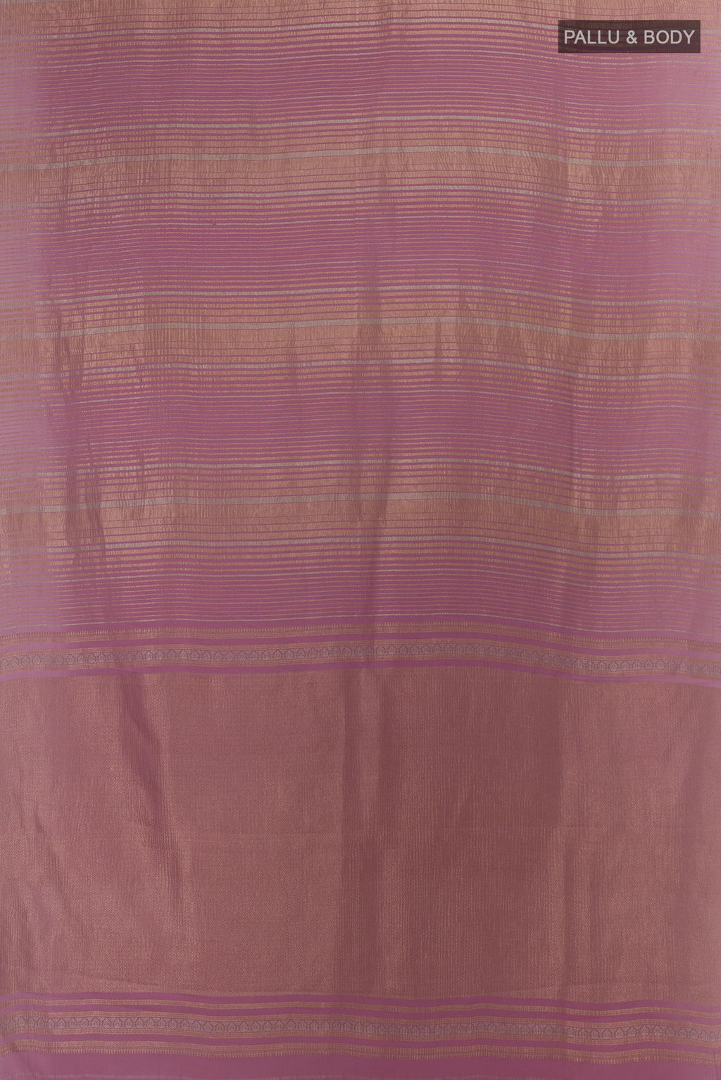 Flat view of Lavender Mysore Crepe Saree with Stripes on the body and Zari Border. 