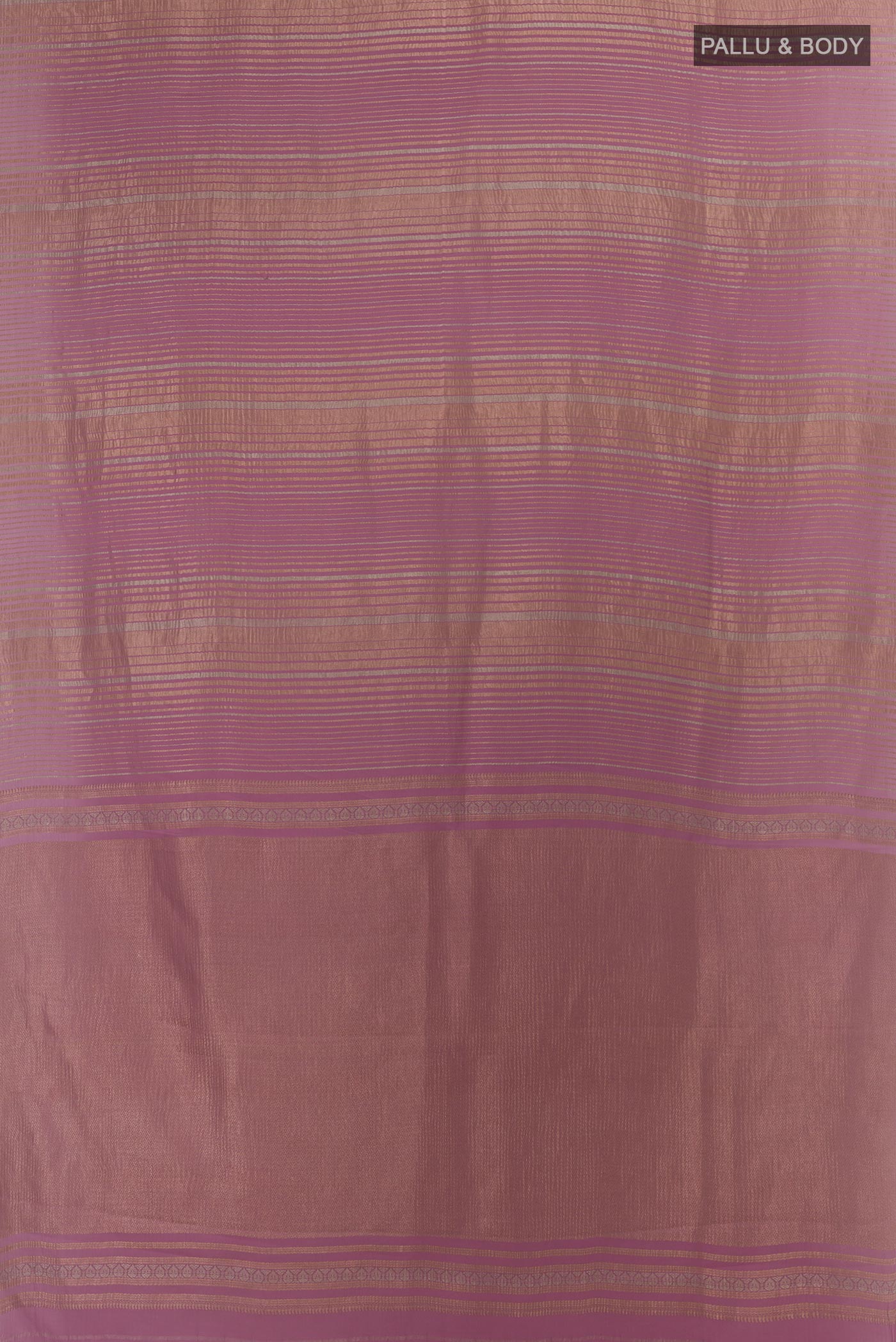 Flat view of Lavender Mysore Crepe Saree with Stripes on the body and Zari Border. 