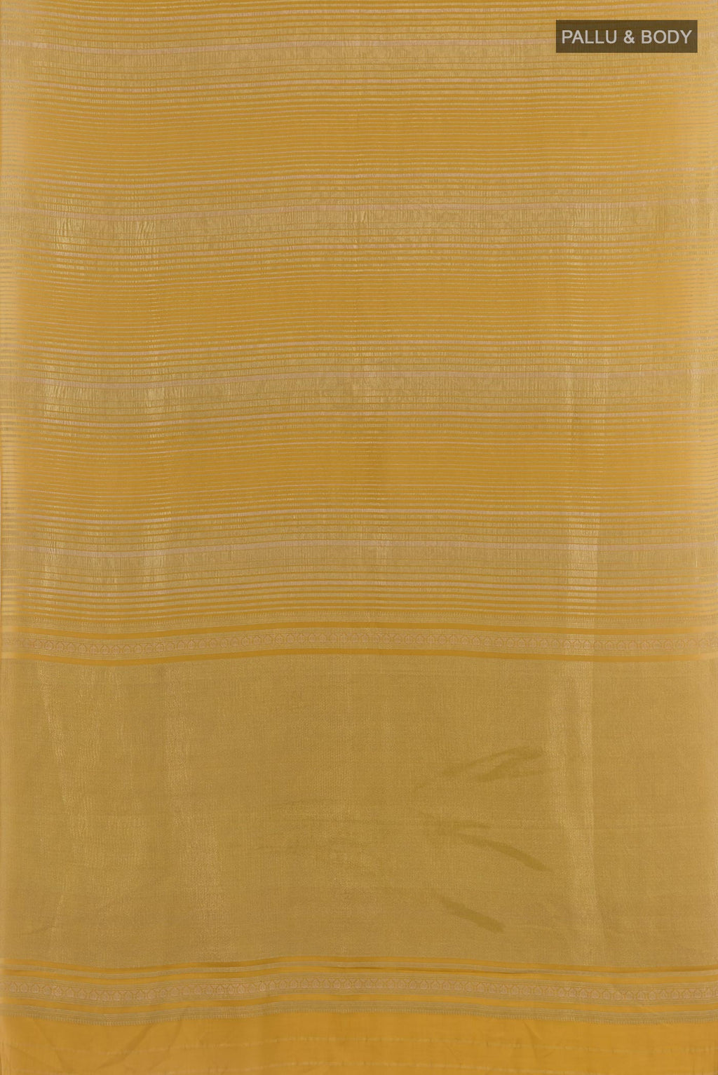 Flat view of Mustard Mysore Crepe Saree with Stripes on the body and Zari Border. 