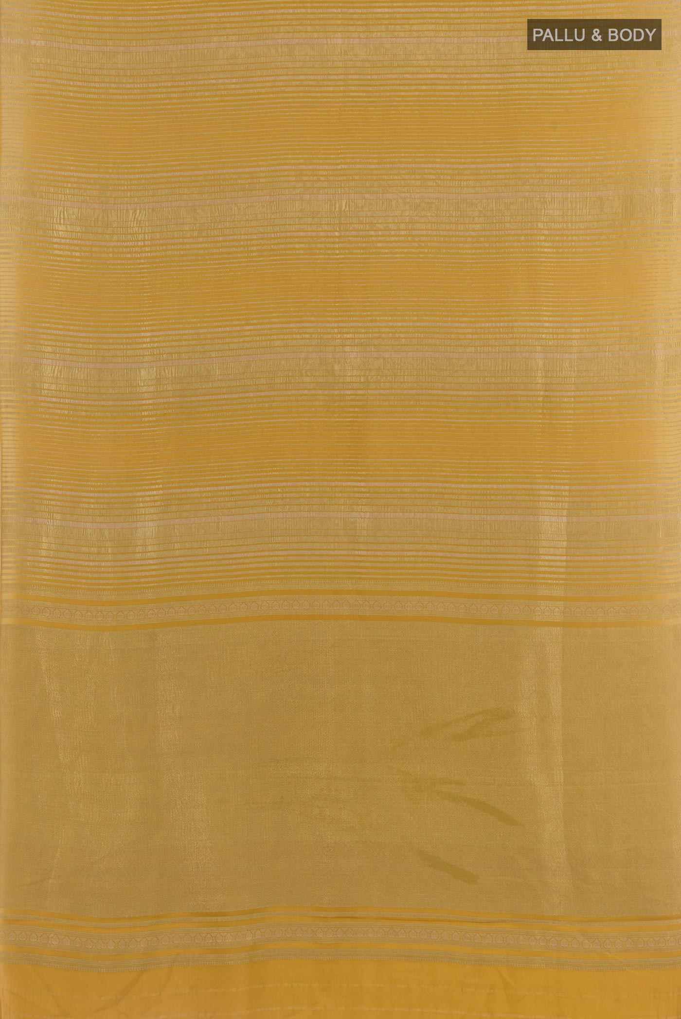 Flat view of Mustard Mysore Crepe Saree with Stripes on the body and Zari Border. 