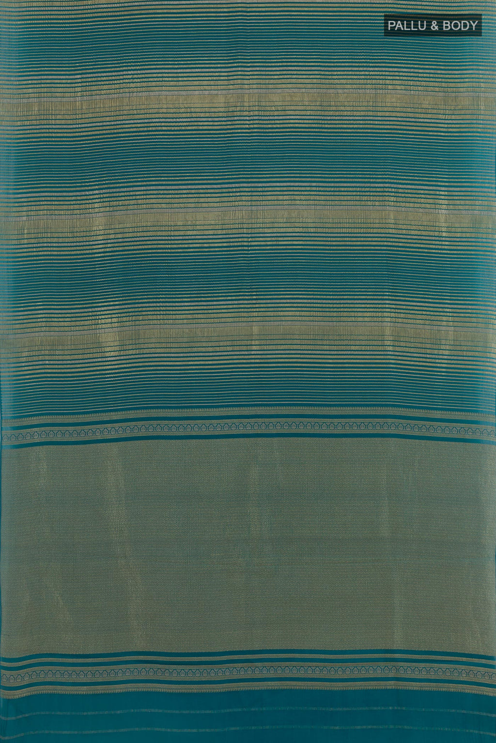 Flat view of Peacock Blue Mysore Crepe Saree with Stripes on the body and Zari Border. 
