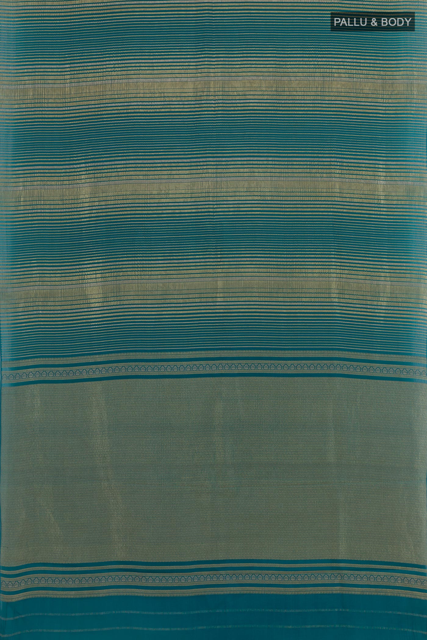 Flat view of Peacock Blue Mysore Crepe Saree with Stripes on the body and Zari Border. 