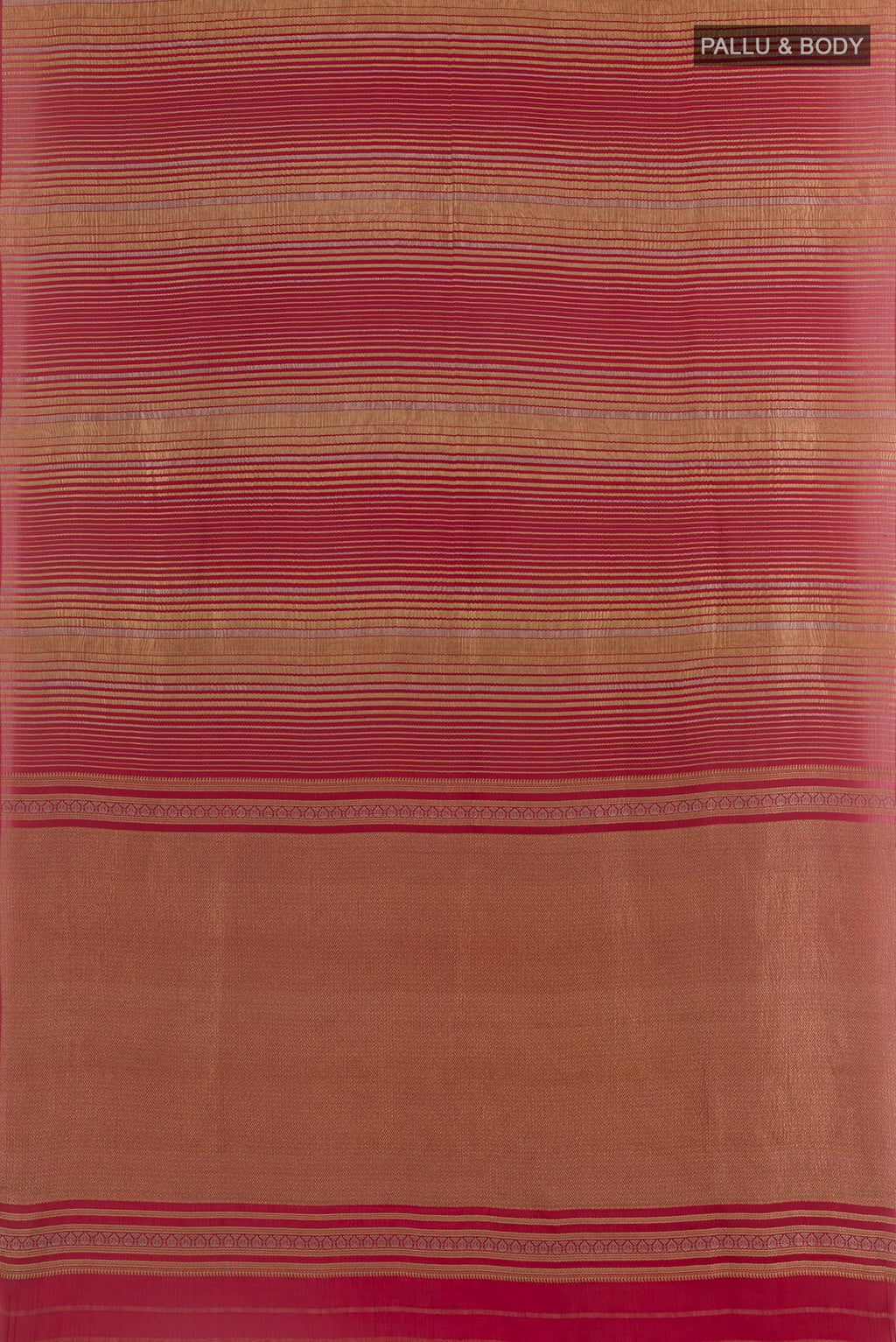 Flat view of Red Mysore Crepe Saree with Stripes on the body and Zari Border. 