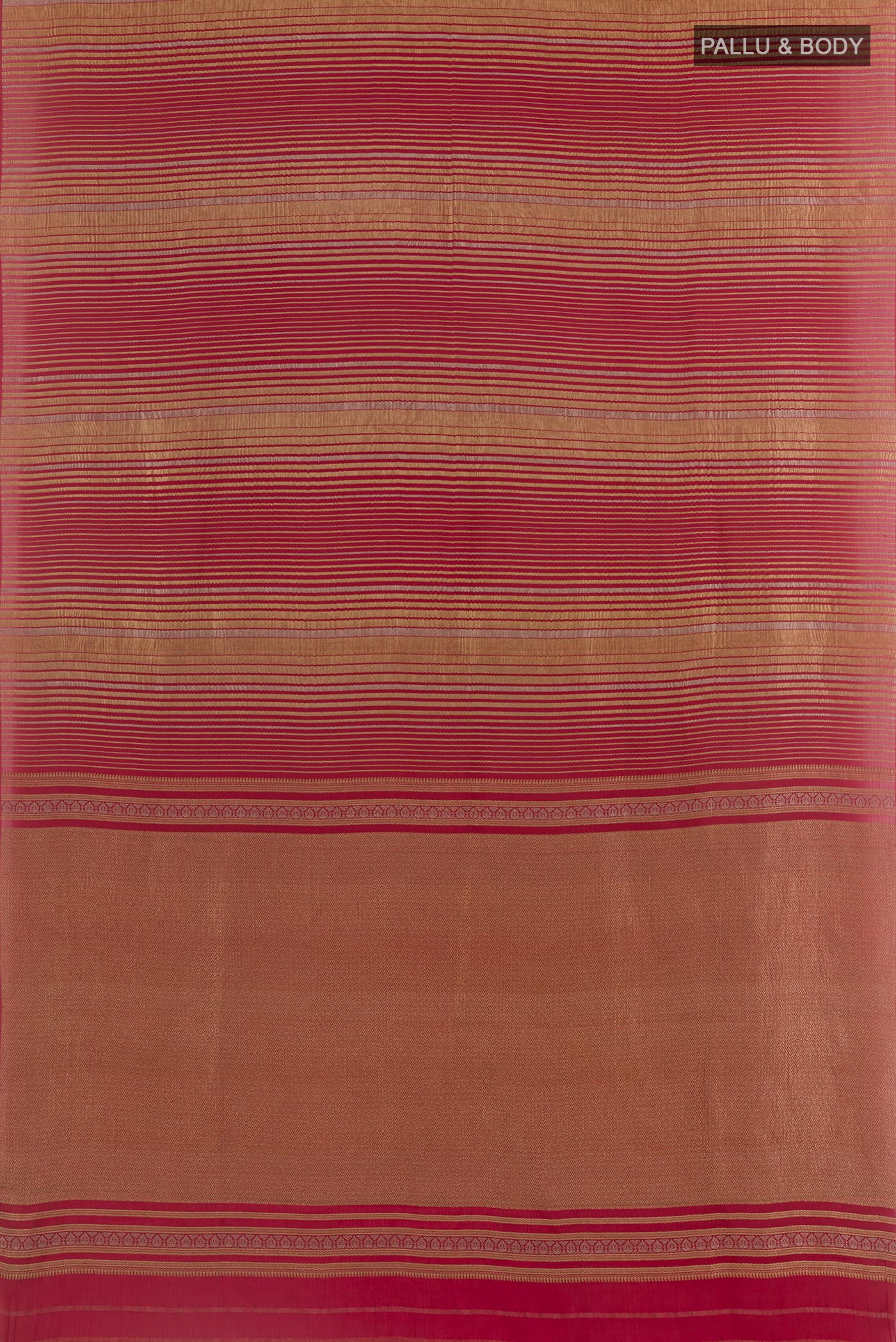 Flat view of Red Mysore Crepe Saree with Stripes on the body and Zari Border. 