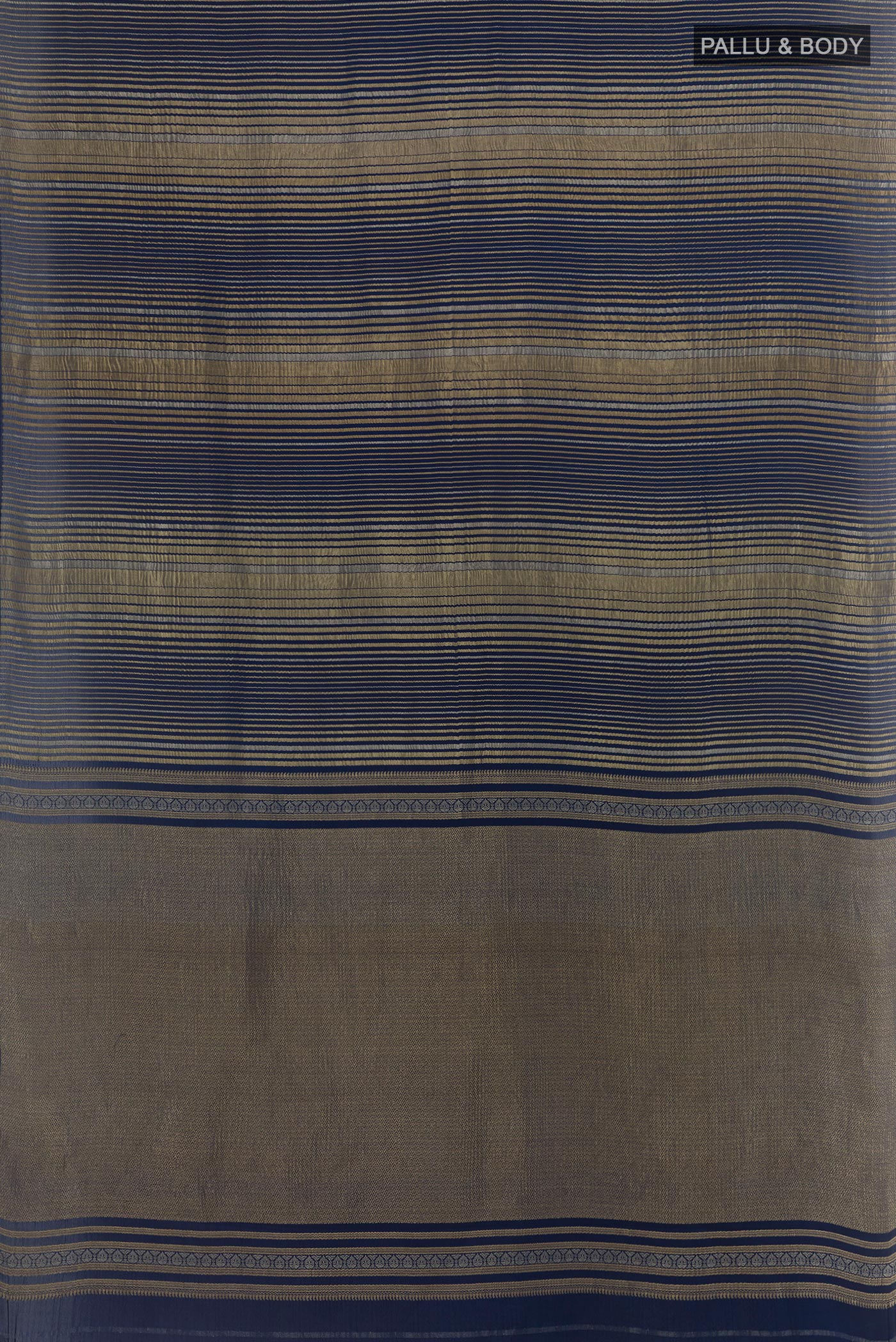 Flat view of Navy Blue Mysore Crepe Saree with Zari Brocade on the body and Without Border. 