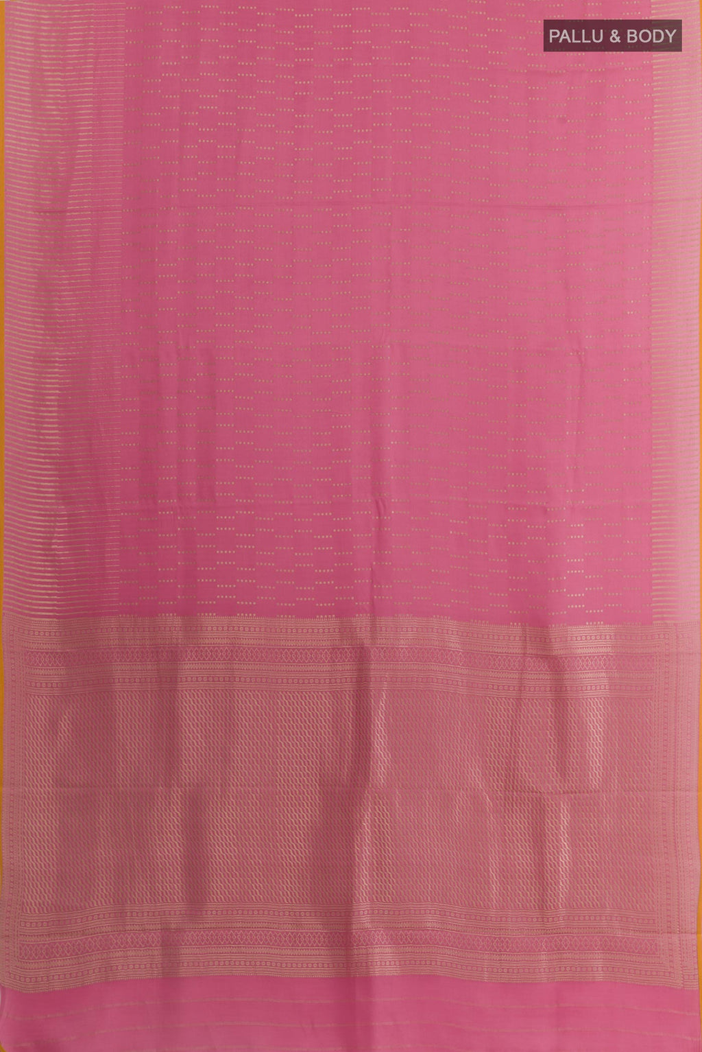 Flat view of Pink Mysore Crepe Saree with Zari Brocade on the body and Zari Border. 