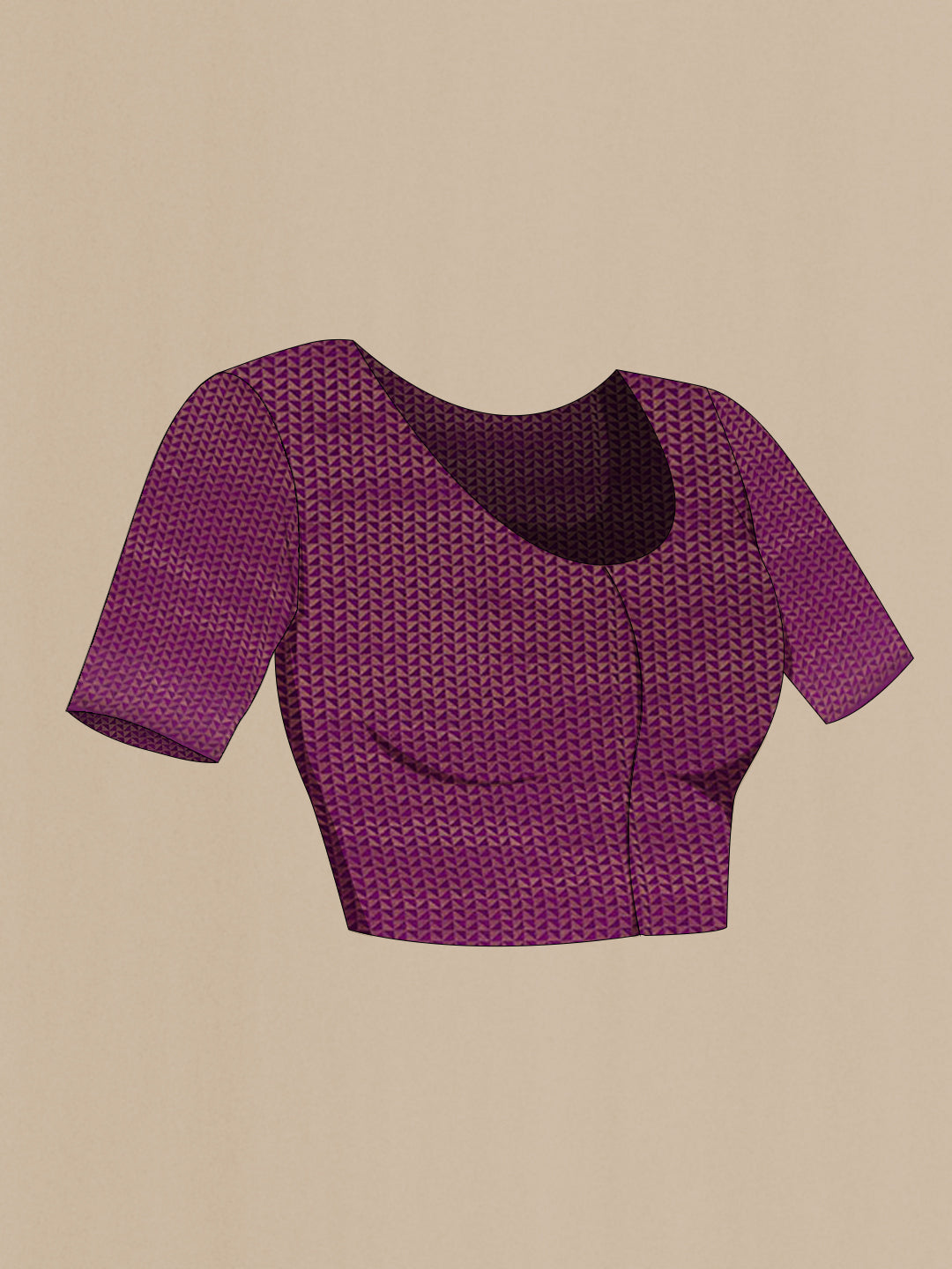 Close up image of the blouse of Purple Mysore Crepe Saree with Zari Brocade on the body and Zari Border. 