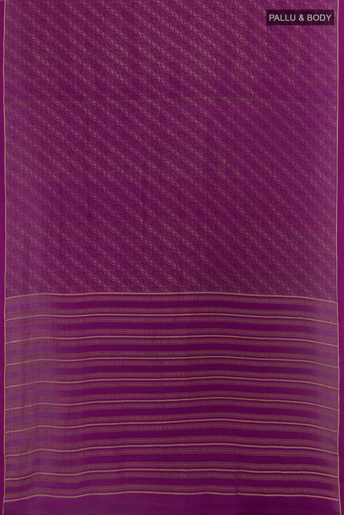Flat view of Purple Mysore Crepe Saree with Zari Brocade on the body and Zari Border. 