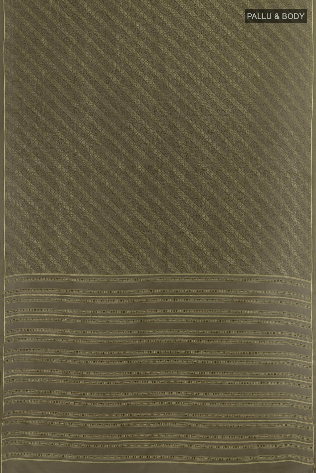Flat view of Grey Mysore Crepe Saree with Zari Brocade on the body and Zari Border. 