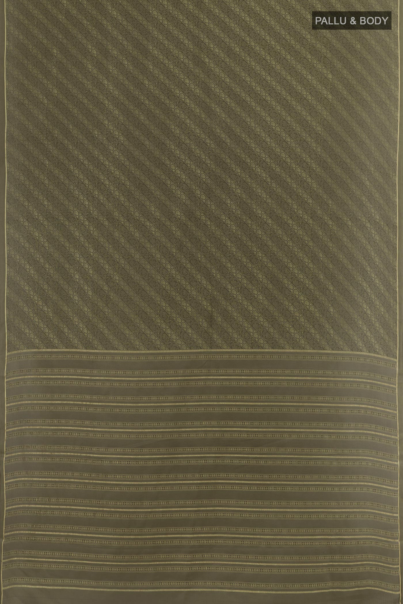 Flat view of Grey Mysore Crepe Saree with Zari Brocade on the body and Zari Border. 
