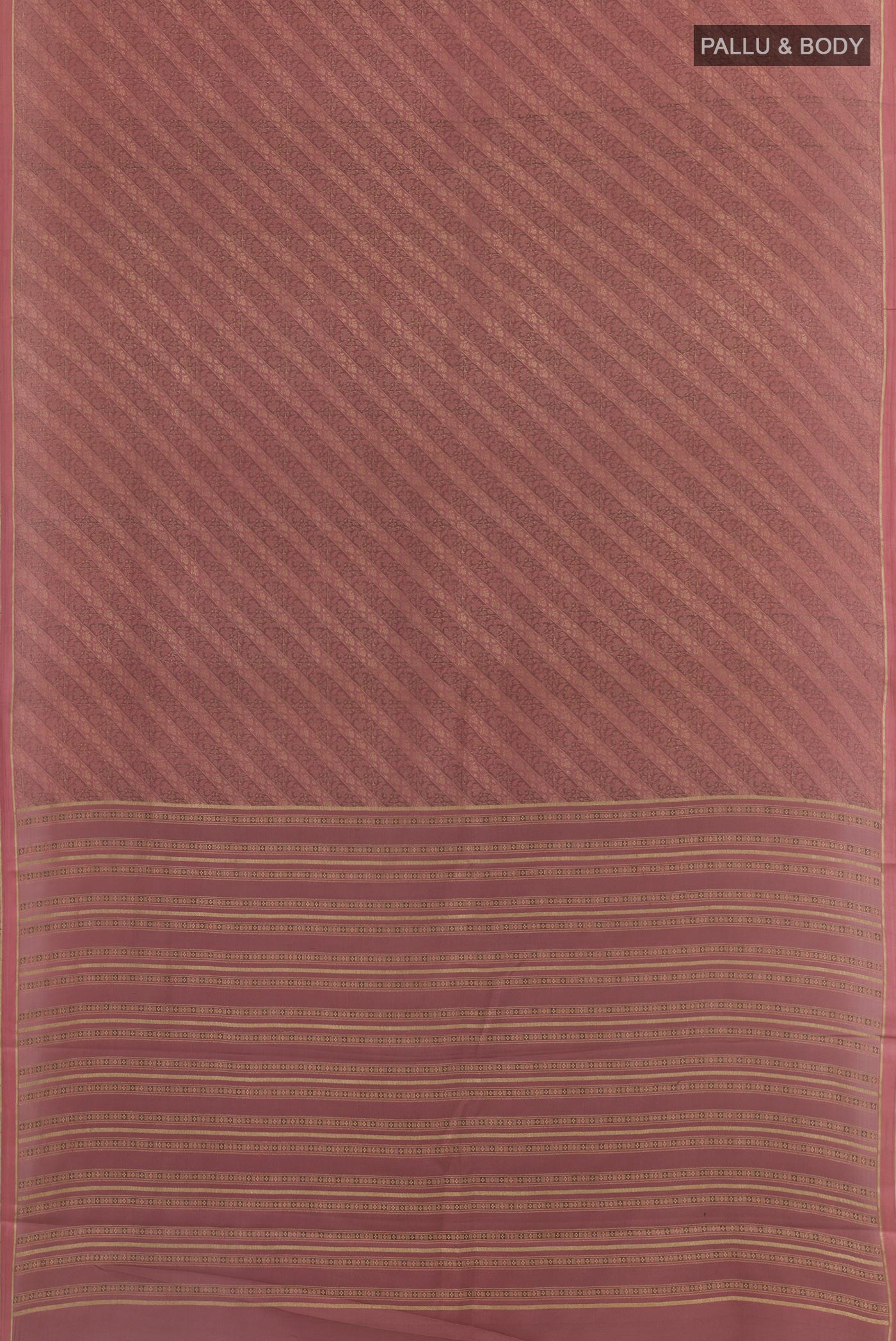 Flat view of Mauve Mysore Crepe Saree with Zari Brocade on the body and Zari Border. 