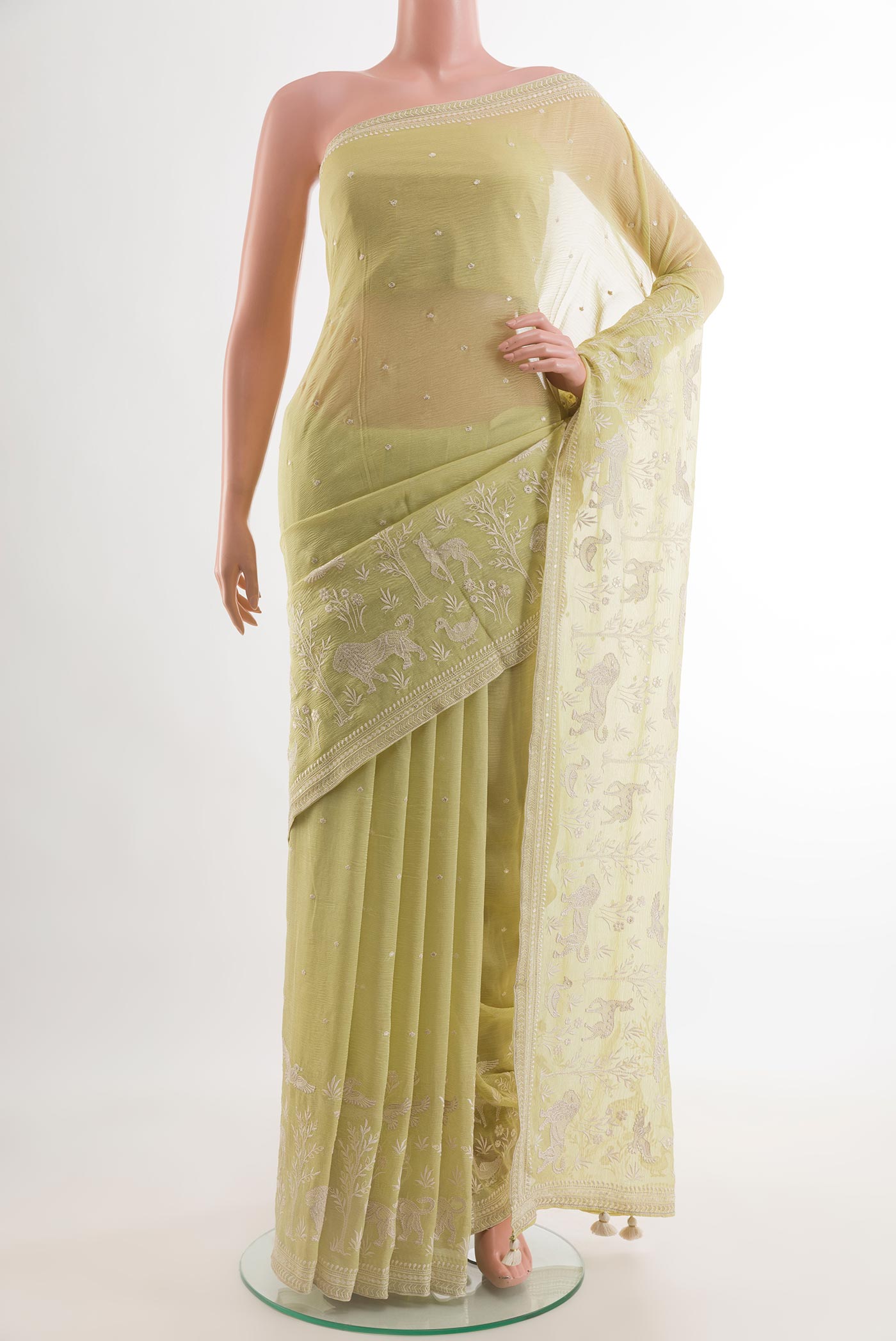 Lemon Yellow Mysore Georgette Saree with Embroidery on the body and Embroidery Border.  displayed on a mannequin