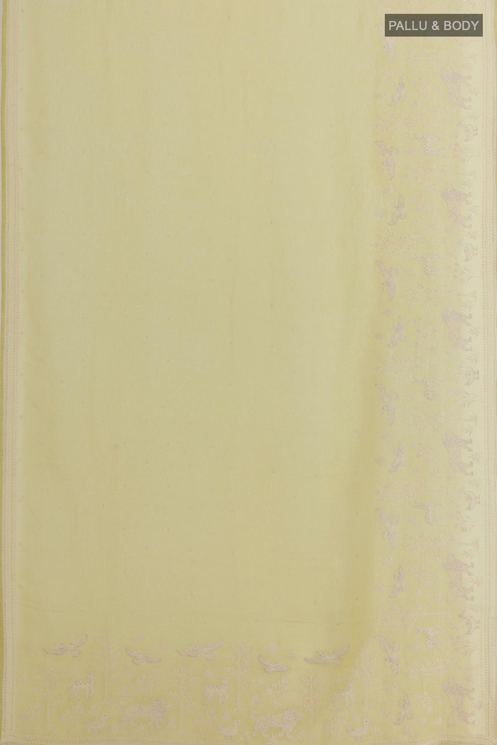 Flat view of Lemon Yellow Mysore Georgette Saree with Embroidery on the body and Embroidery Border. 